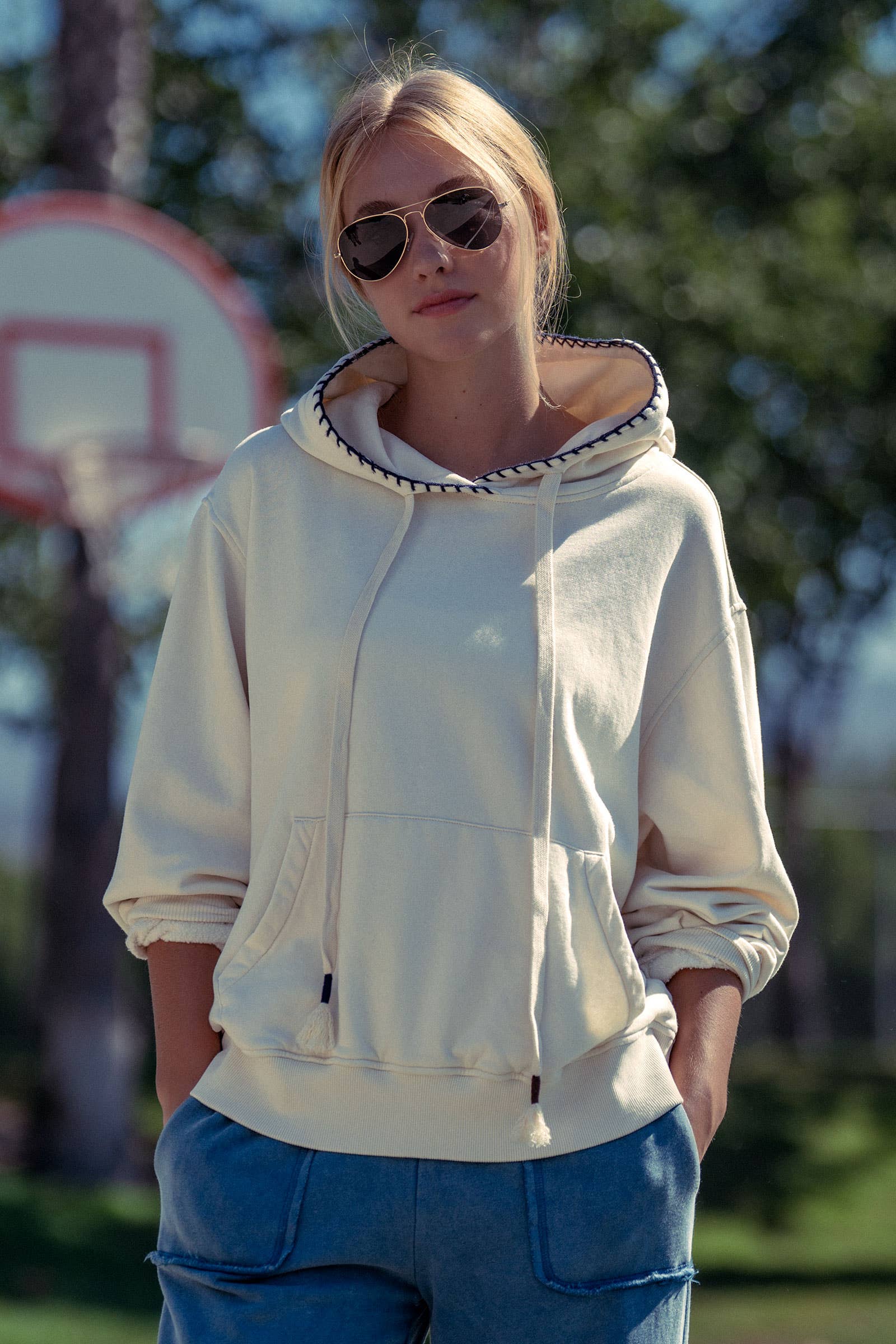 Vintage-Wash Crochet Trim Hooded Sweatshirt