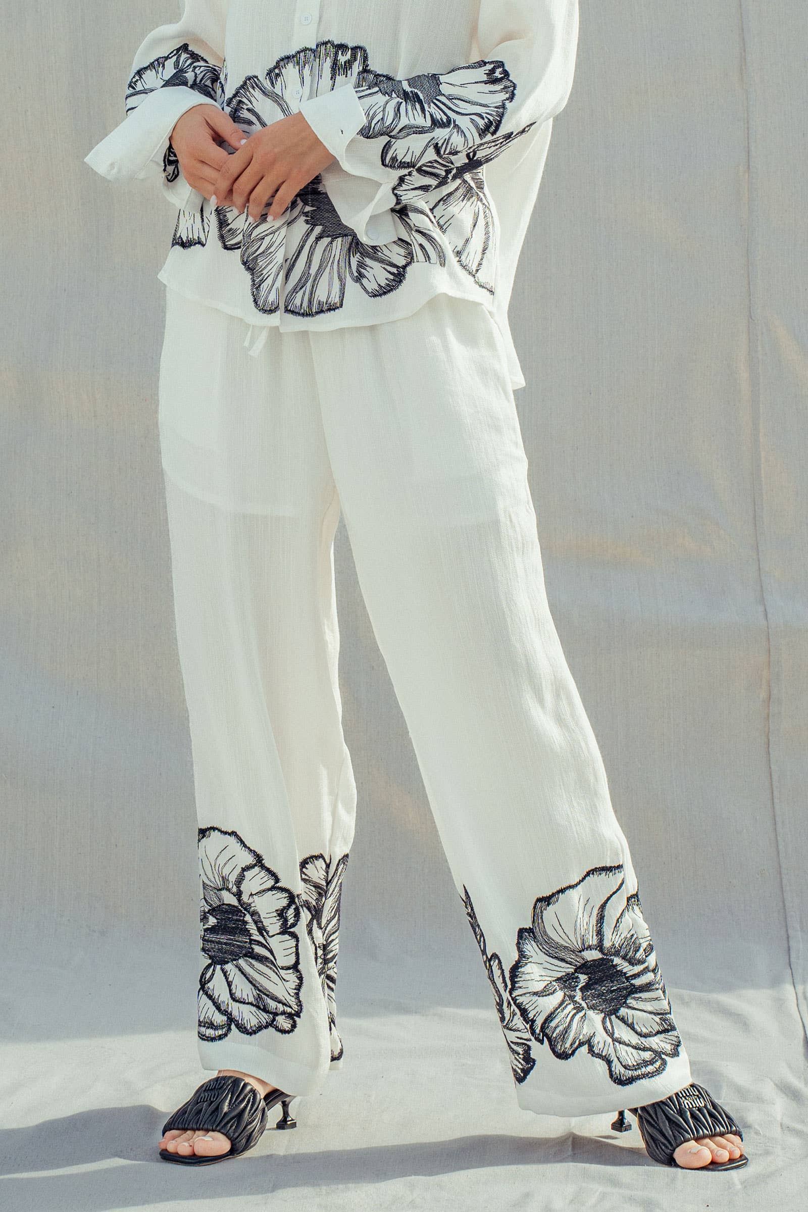 Floral Embroidered Wide Leg Drawstring Pants