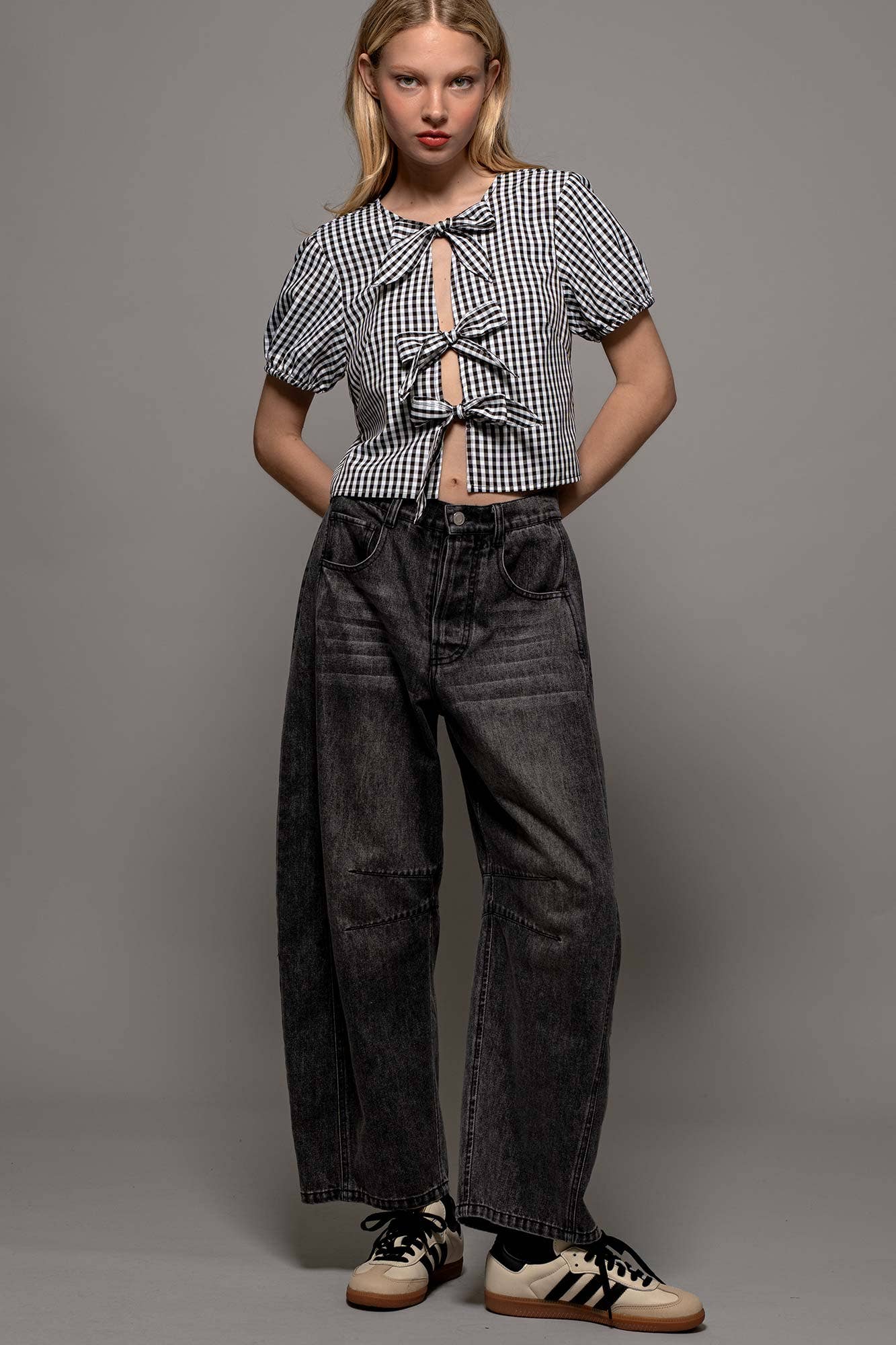Urban Daizy Gingham Triple Bow Puff Sleeve Crop Top Pink Blouse - Women's (UDZ-TP-01033) – alternate view 13