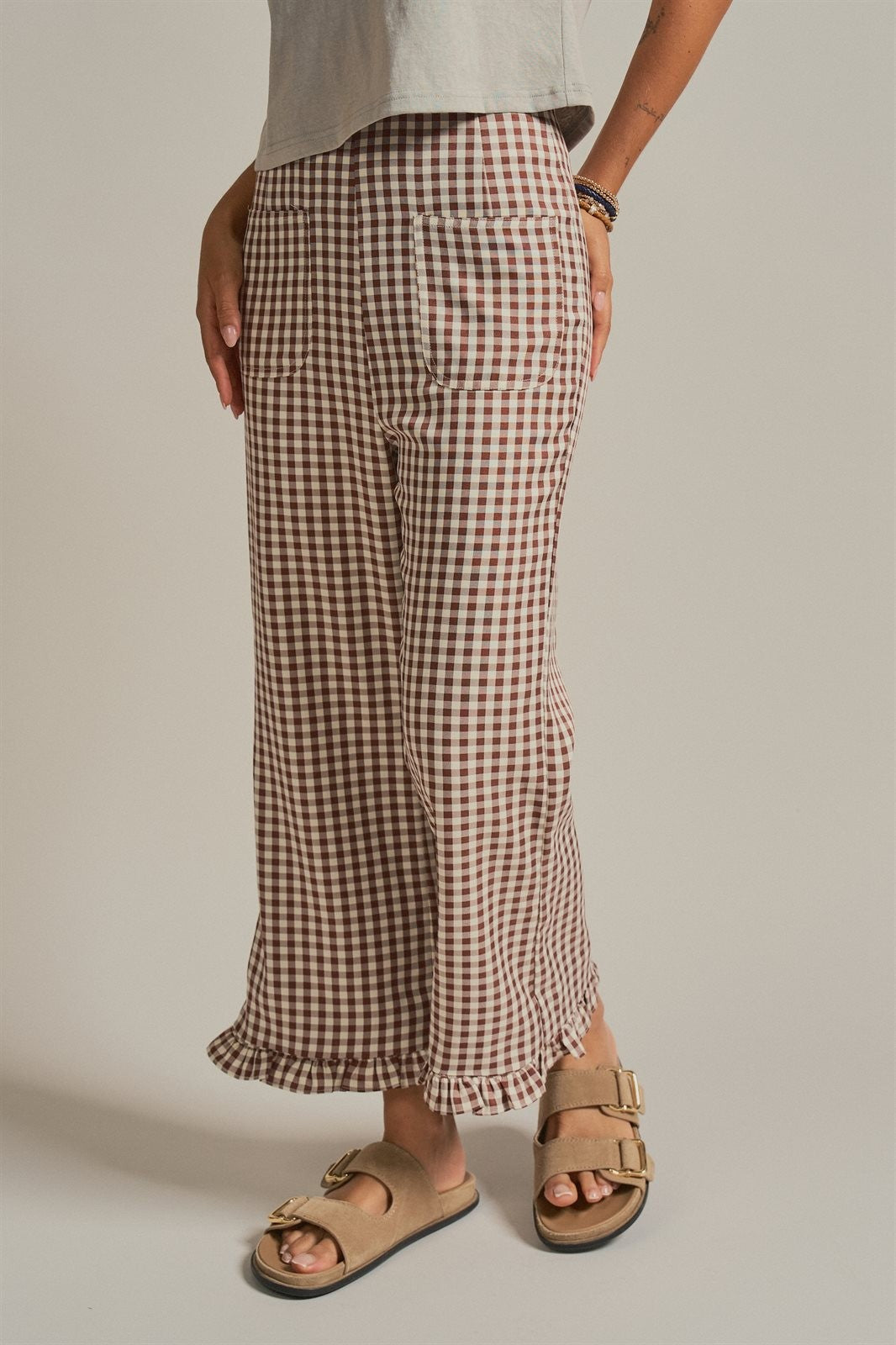 Gingham Ruffle Hem Cropped Wide Leg Pants in Brown in BROWN - Women's Casual Pants | Urban Daizy