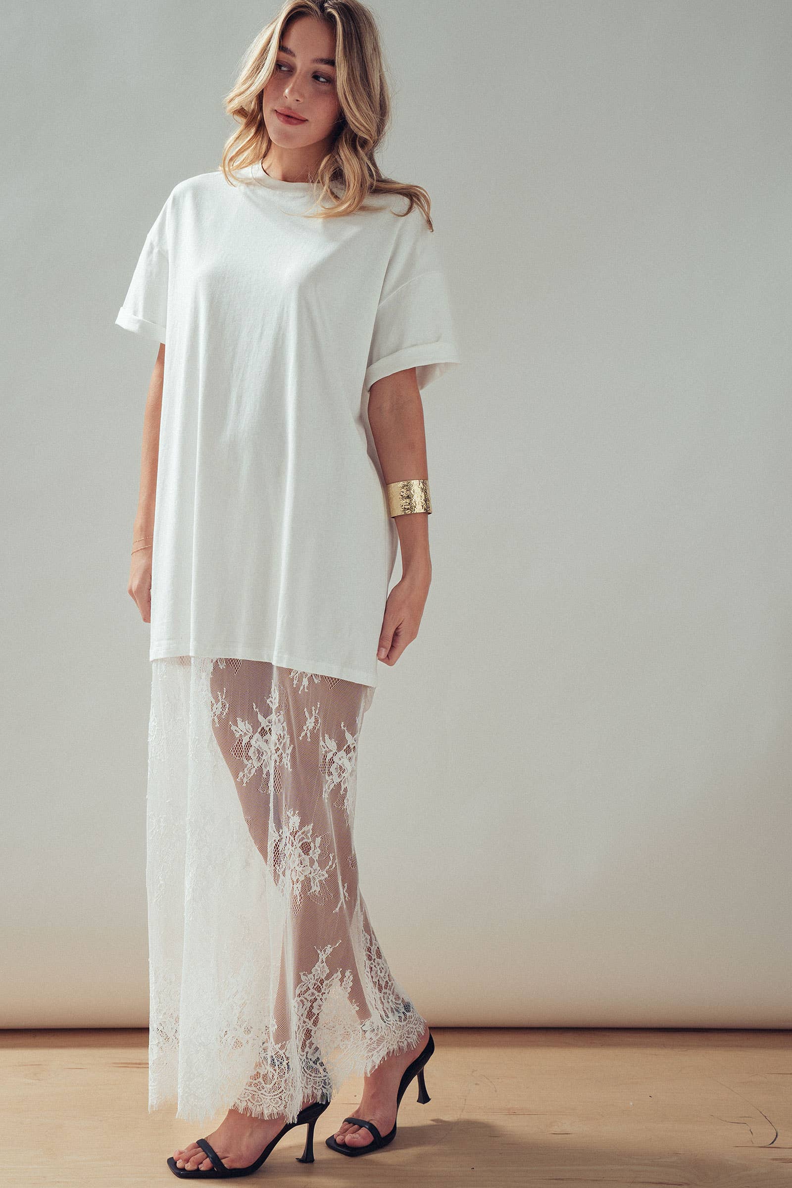 Mixed-Media T-Shirt Dress with Sheer Lace Skirt