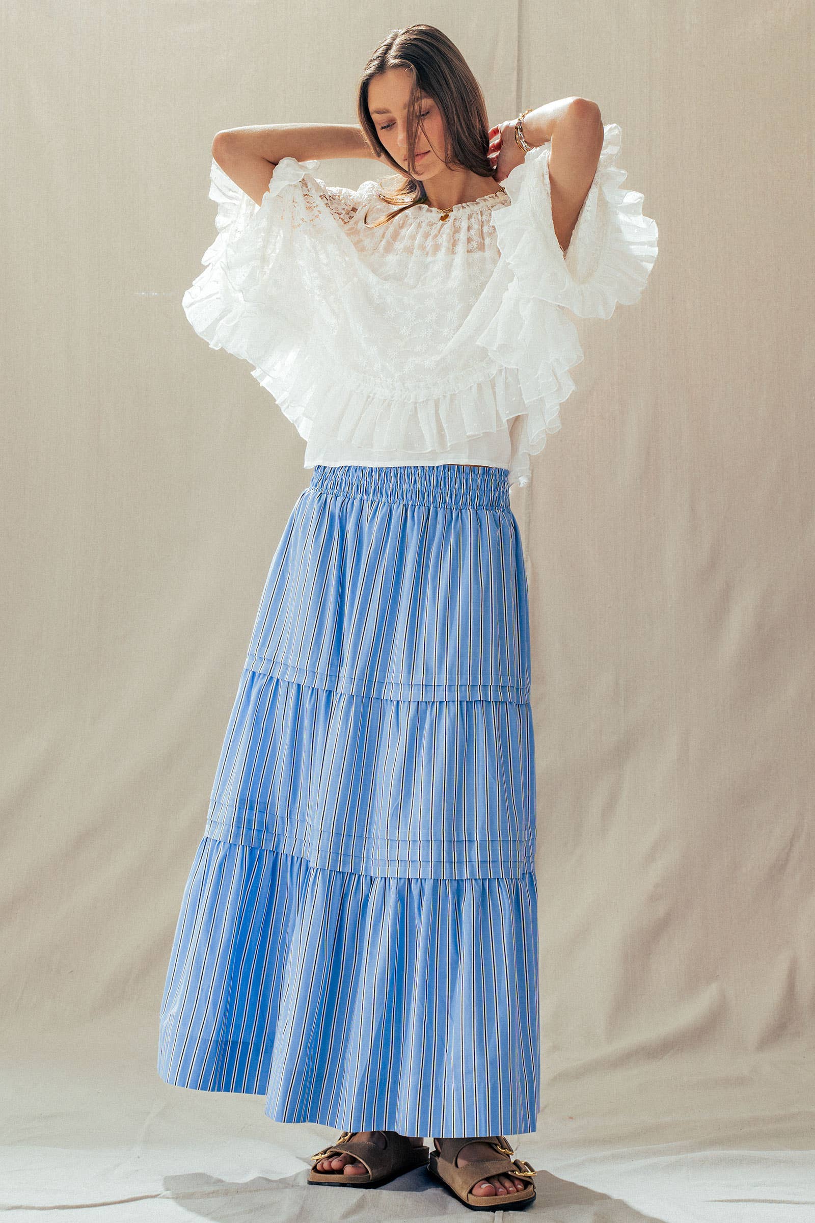 Striped Cotton Tiered Smocked Maxi Skirt