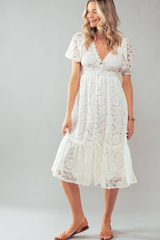 Scalloped Lace Button Front Midi Dress
