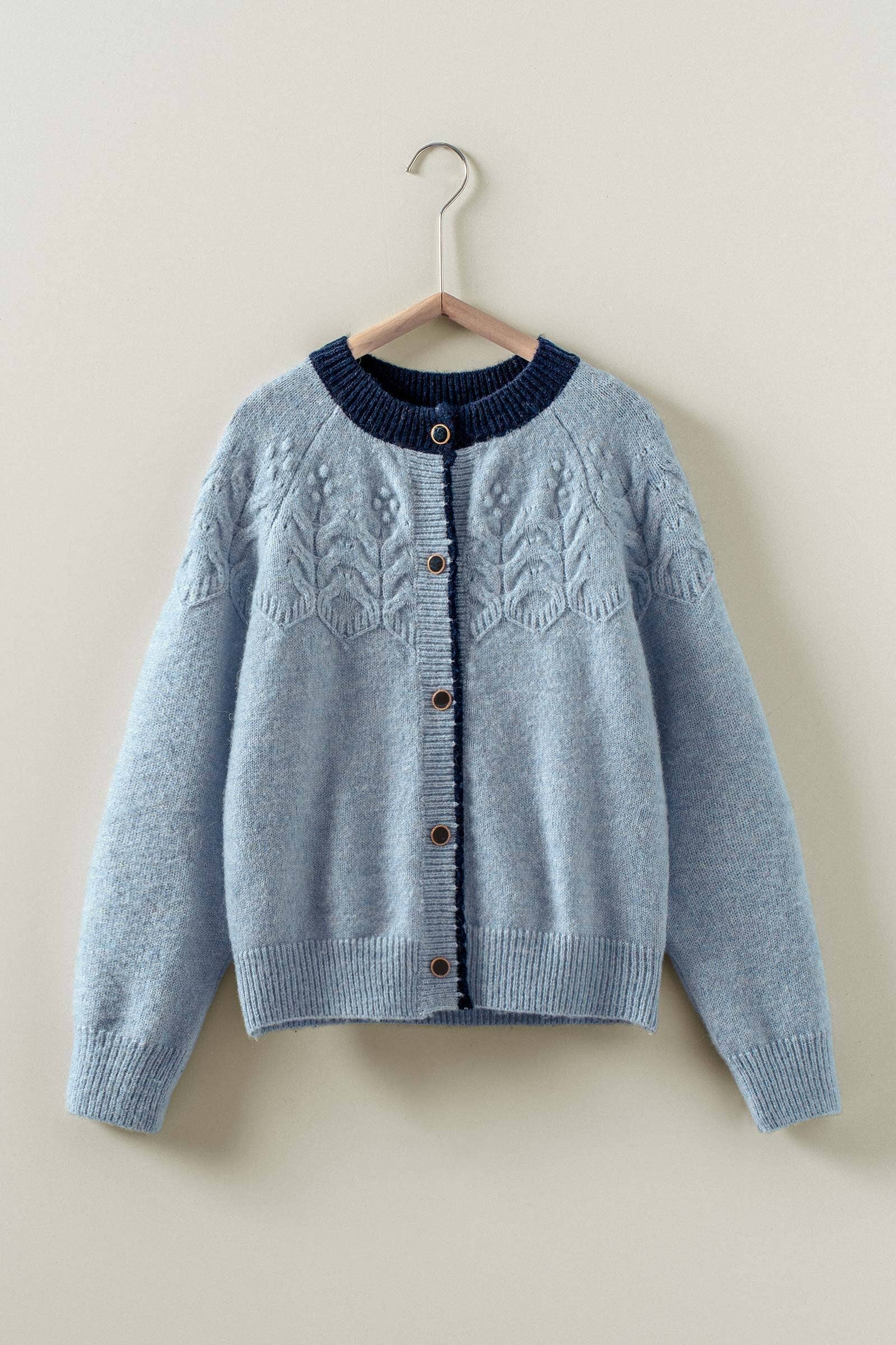 Textured Yoke Contrast Trim Knit Cardigan | wholesale cardigan - women's | Urban Daizy