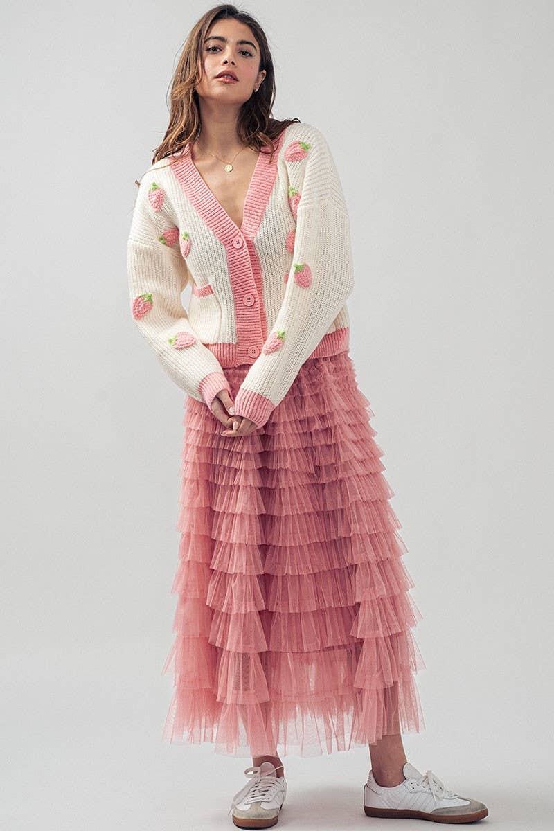 Urban Daizy Romantic Strawberry Embroidered V Neck Chunky Sweater Pink Cardigan - Women's (UDZ-KN-00160) – alternate view 3