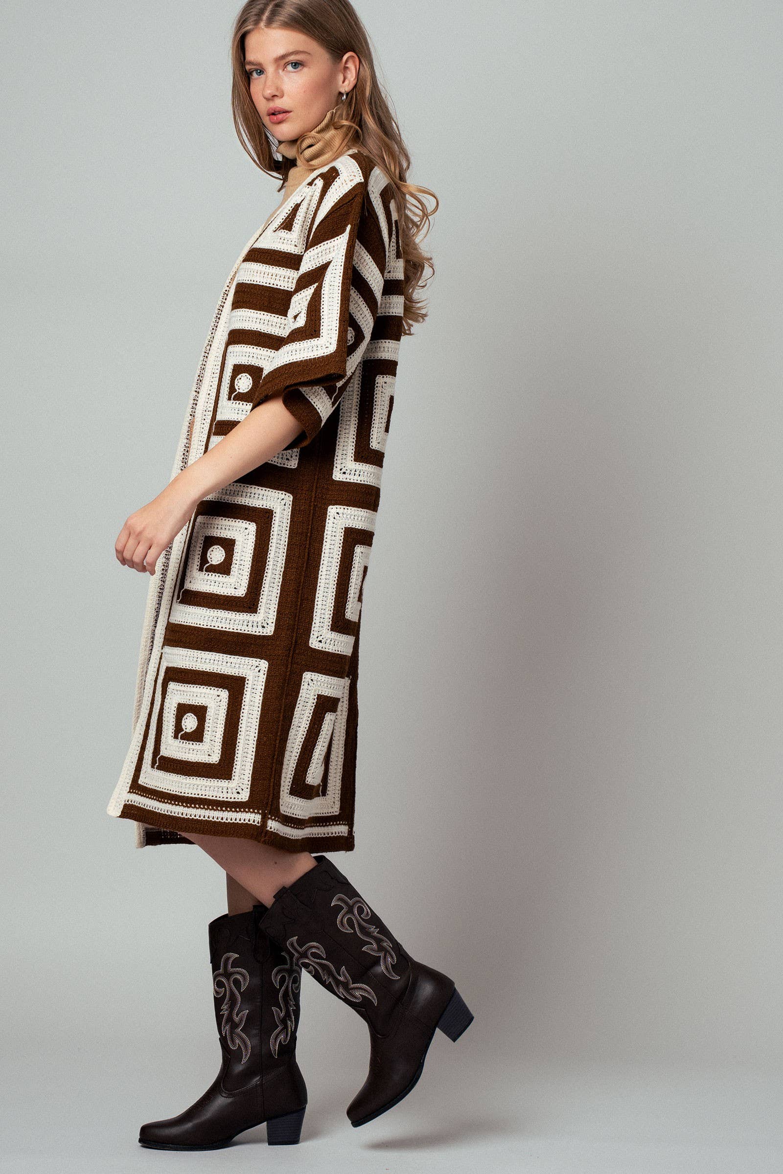Geometric Granny Square Crochet Open Front Cardigan