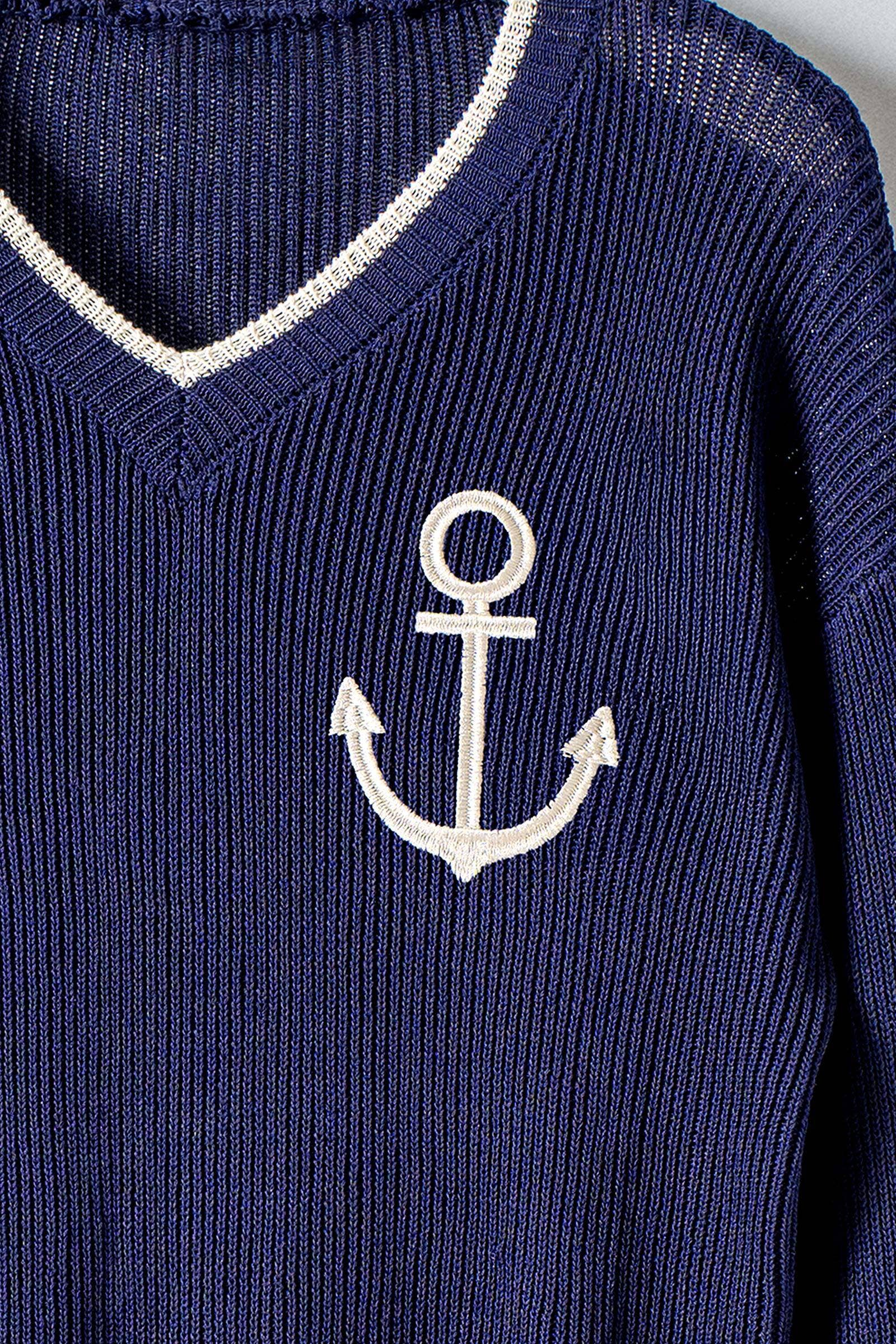 Urban Daizy Nautical Anchor V-Neck Knit Top Contrast Trim Navy Knit Top - Women's (UDZ-TP-01048) – alternate view 5