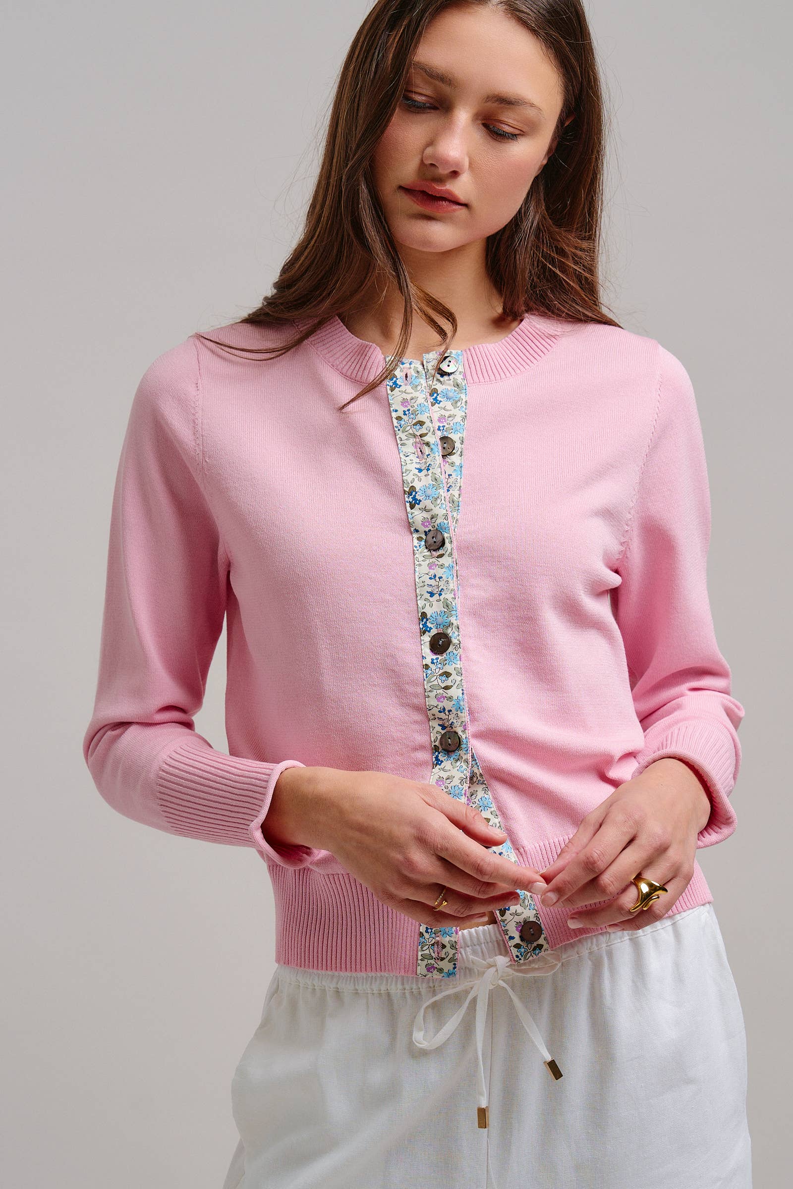 Contrast Floral Detail Knit Button Cardigan