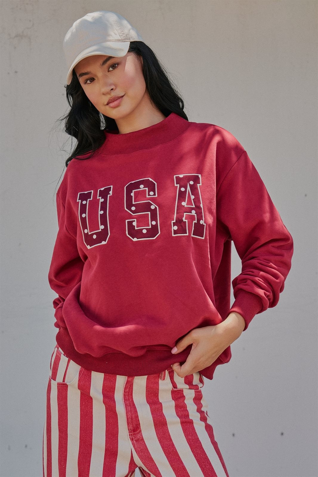 USA Polka Dot Varsity Letter Mock Neck Sweatshirt in BURGUNDY - Women's Sweatshirts & Hoodies | Urban Daizy