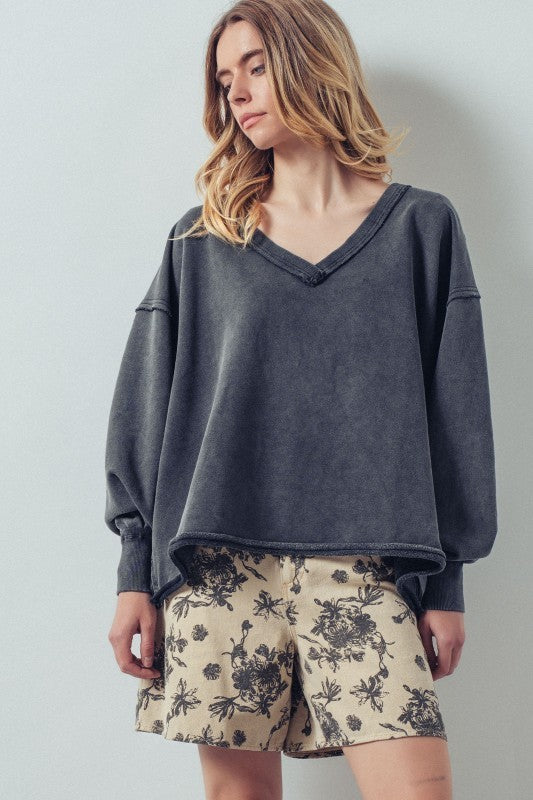 Relaxed Vintage V-Neck Oversized Sweatshirt in BLACK - Women's Sweatshirts & Hoodies | Urban Daizy