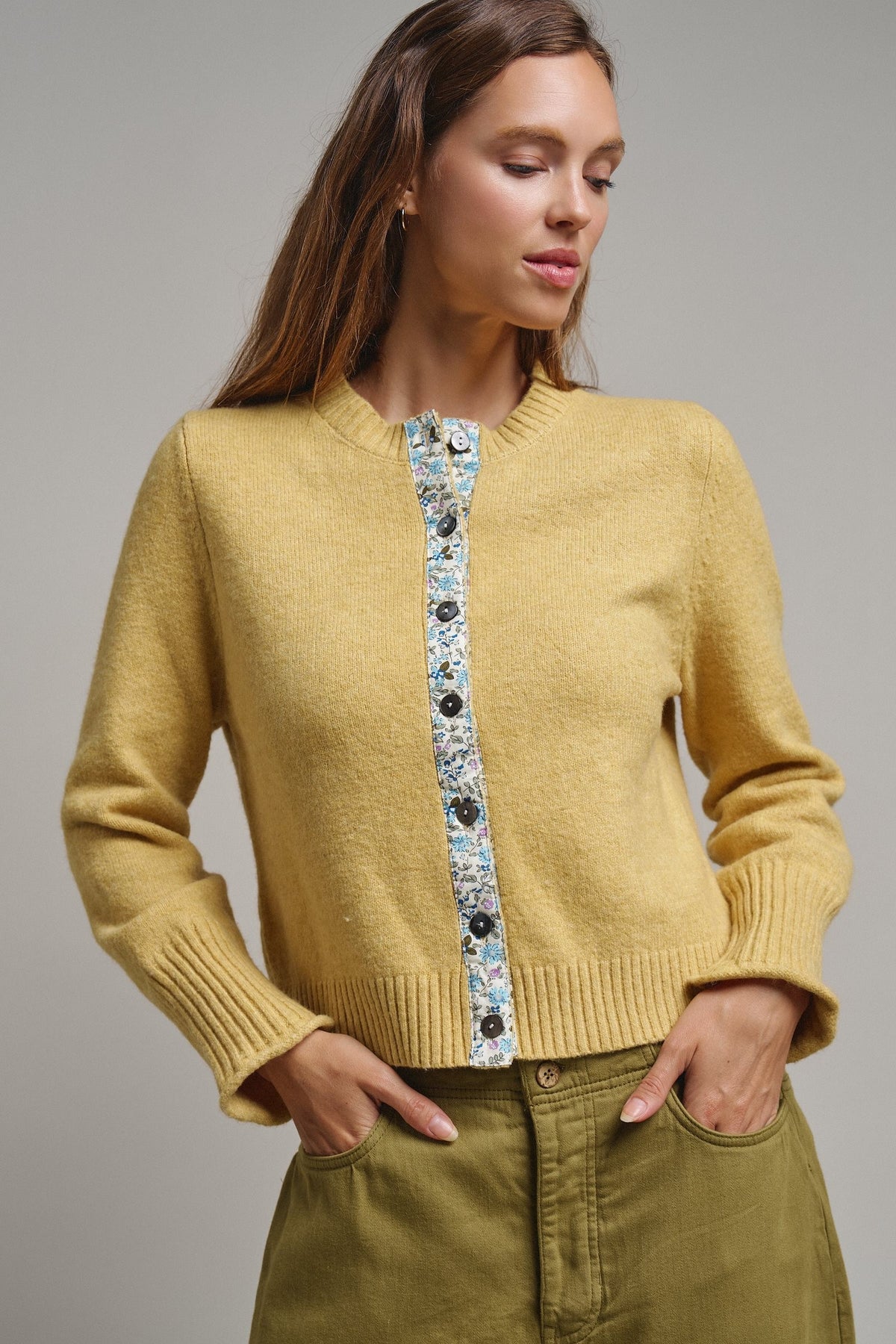 Floral Contrast Wool Blend Crew Neck Cardigan in HONEY GOLD - Women's Cardigans & Shrugs | Urban Daizy