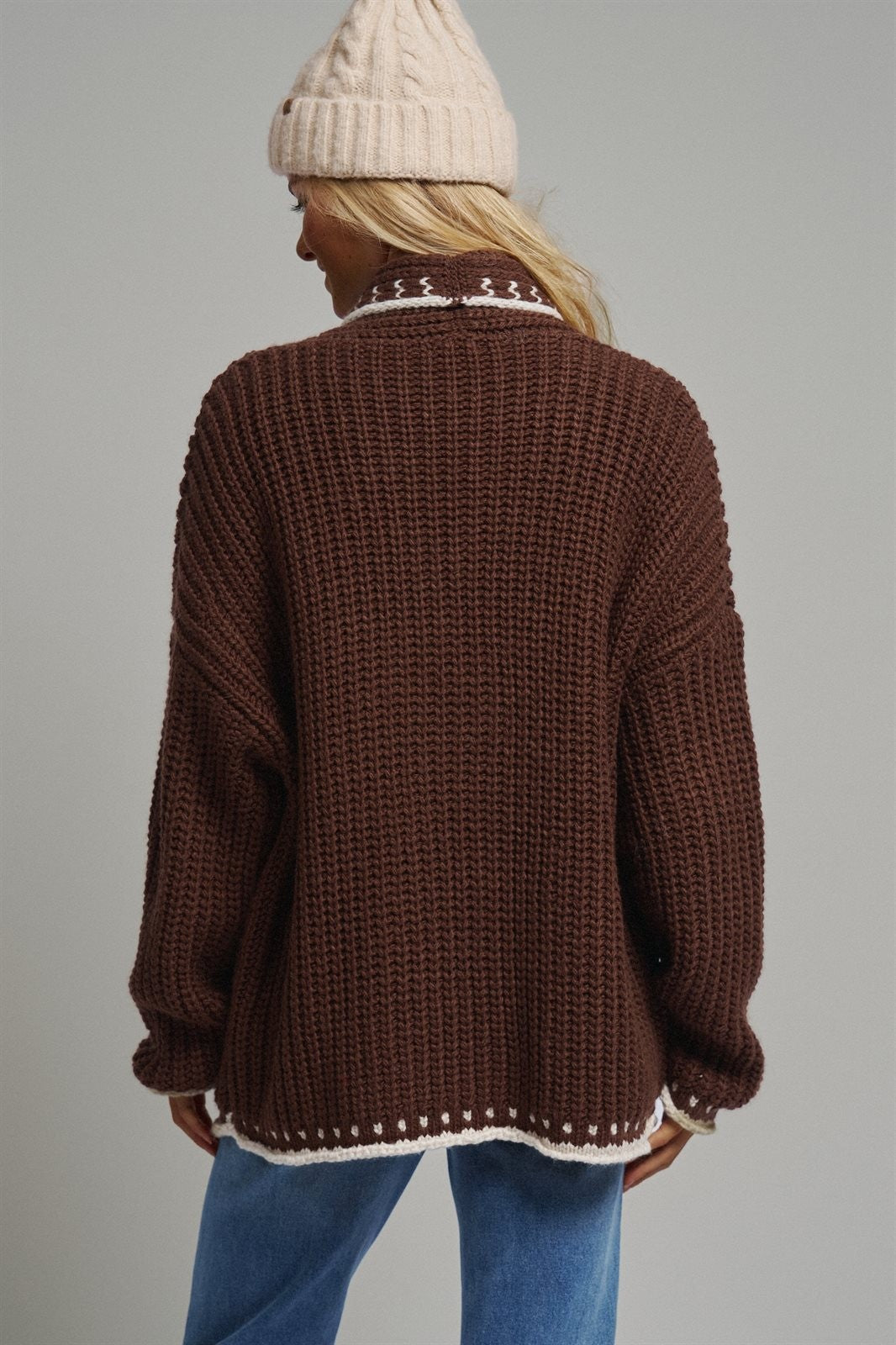 Chunky Knit Cardigan Sweater with Stitch Looks in BROWN - Women's Cardigans & Shrugs | Urban Daizy