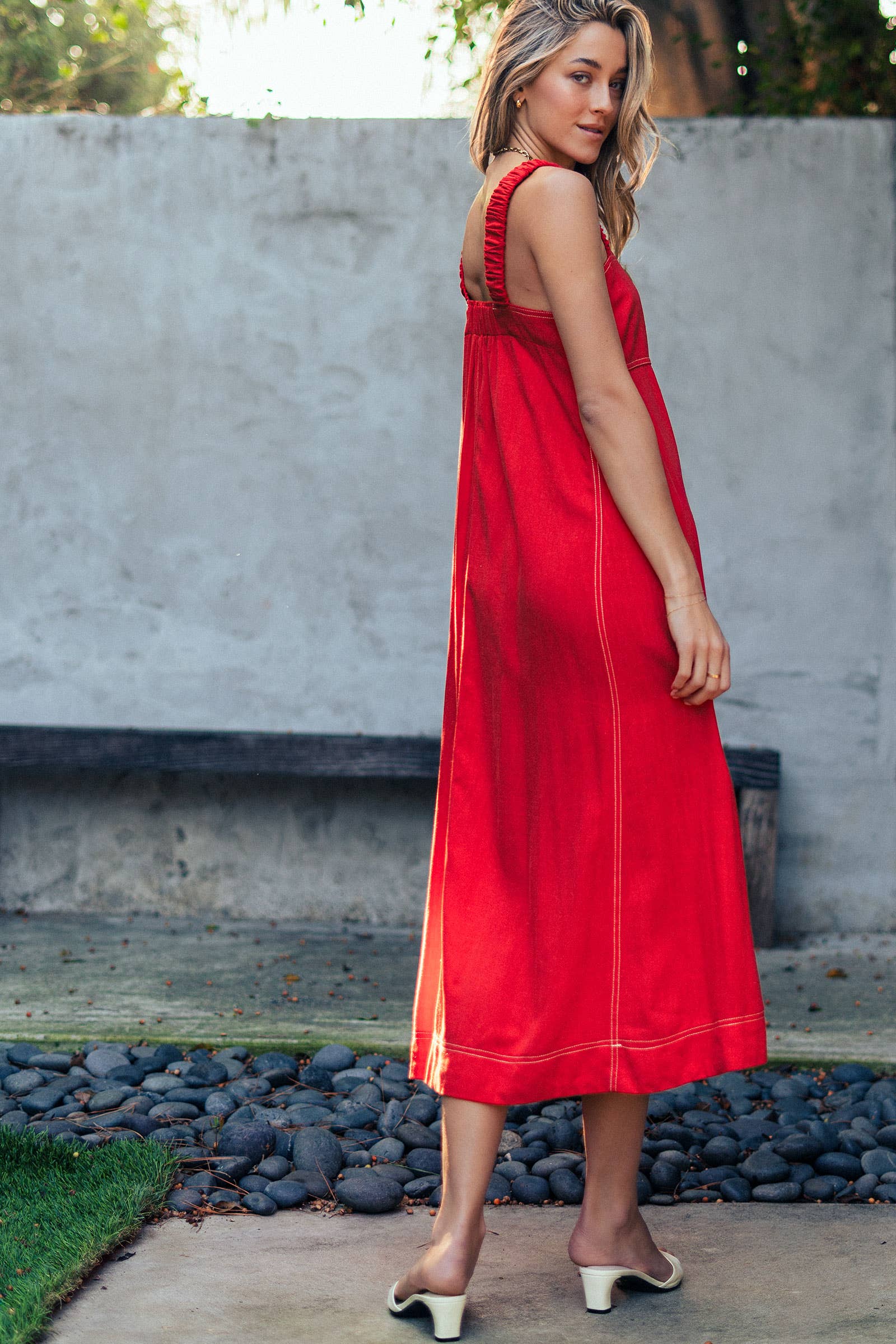 Contrast Stitch Square Neck Tencel Linen Midi Dress