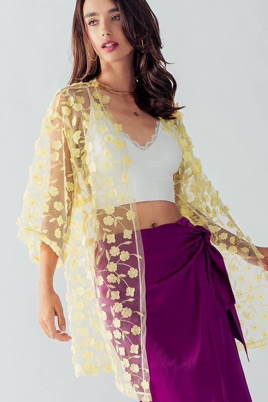 Urban Daizy Romantic Sheer Floral Embroidered Duster Length Kimono Yellow Kimono - Women's (UDZ-KN-00020) – alternate view 11