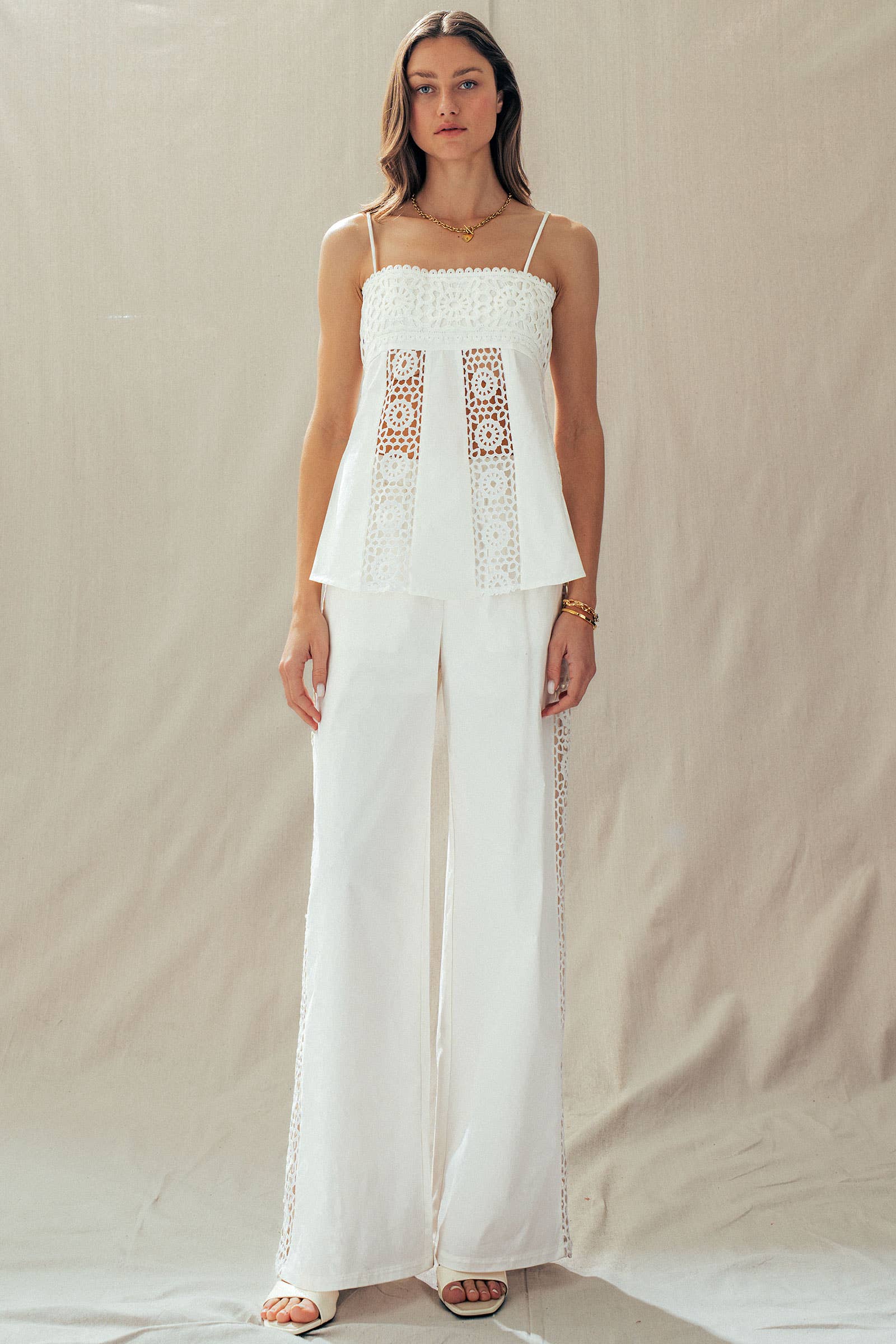 Cotton Eyelet Two-Piece Set Peplum Cami & Pants