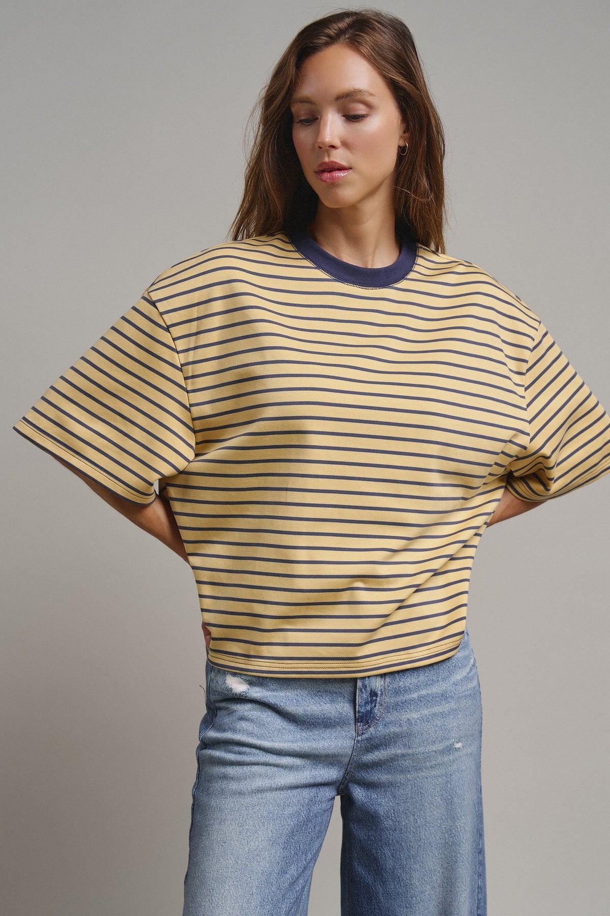 Oversized Striped Contrast Neck Boxy Tee