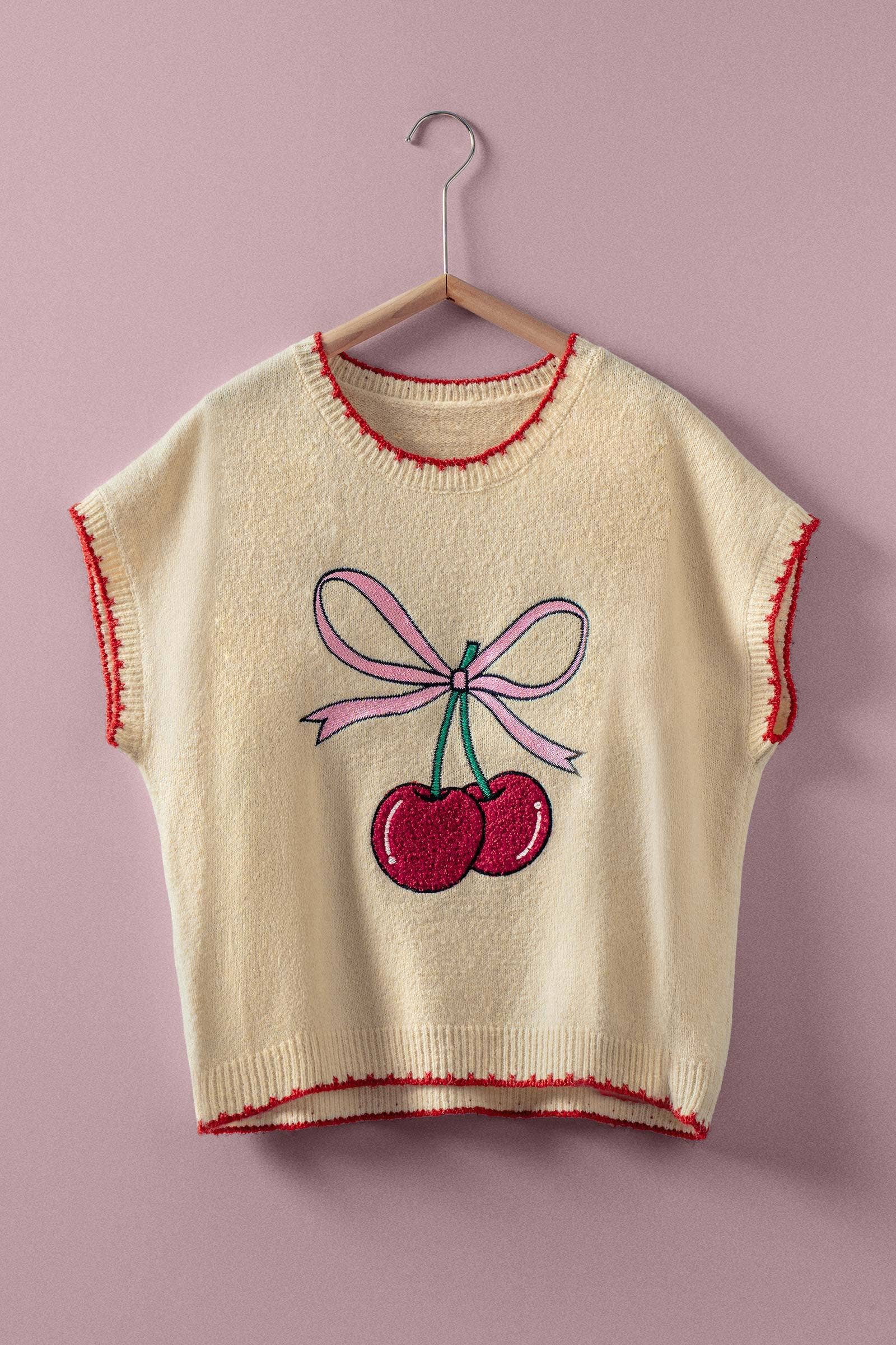 Urban Daizy Sequin Cherry Graphic Crochet Trim Vest Ivory Sweater Vest - Women's (UDZ-TP-00816)