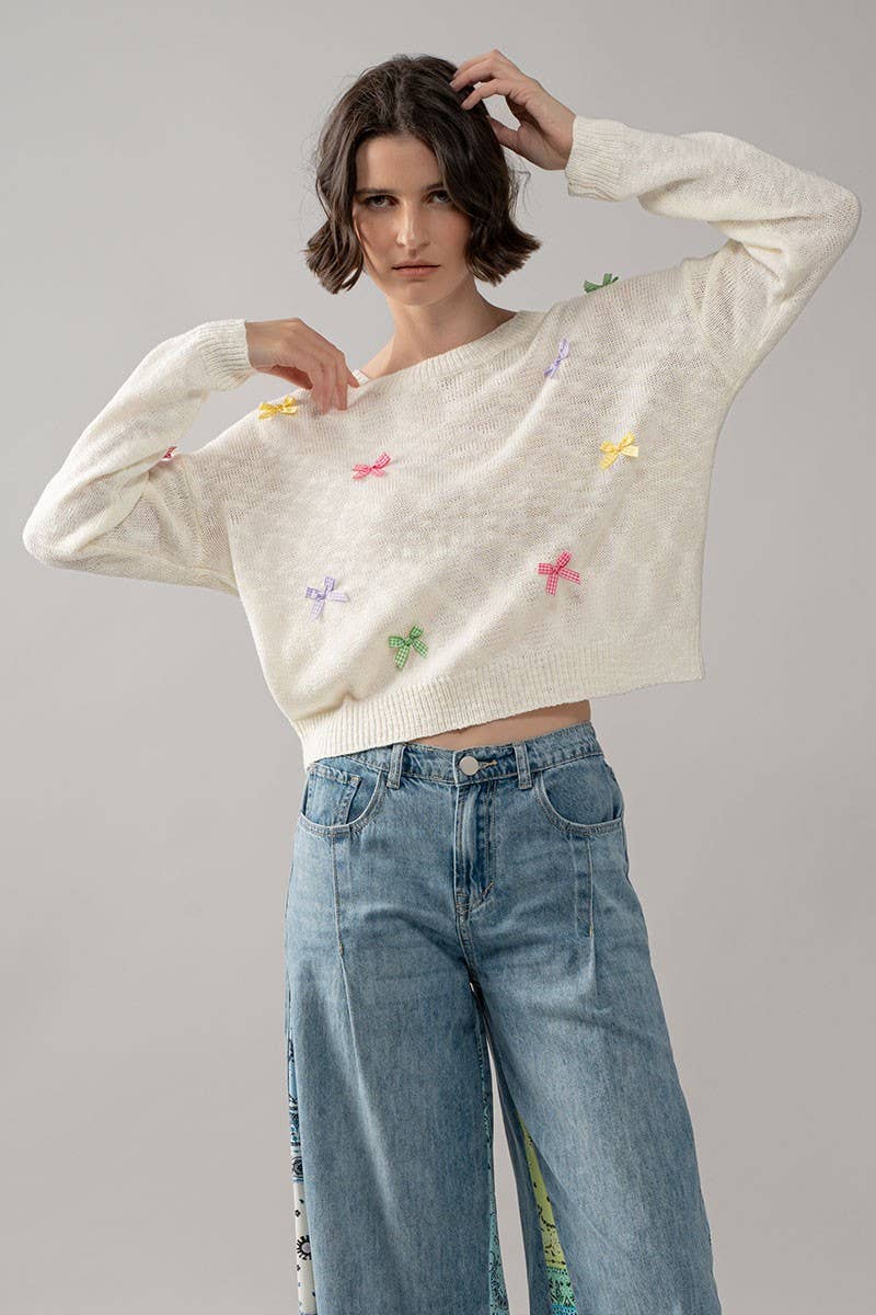 Urban Daizy Multicolor Gingham Bow Crew Neck Knit Sweater Ivory Knit Sweater - Women's (UDZ-KN-00057) – alternate view 4