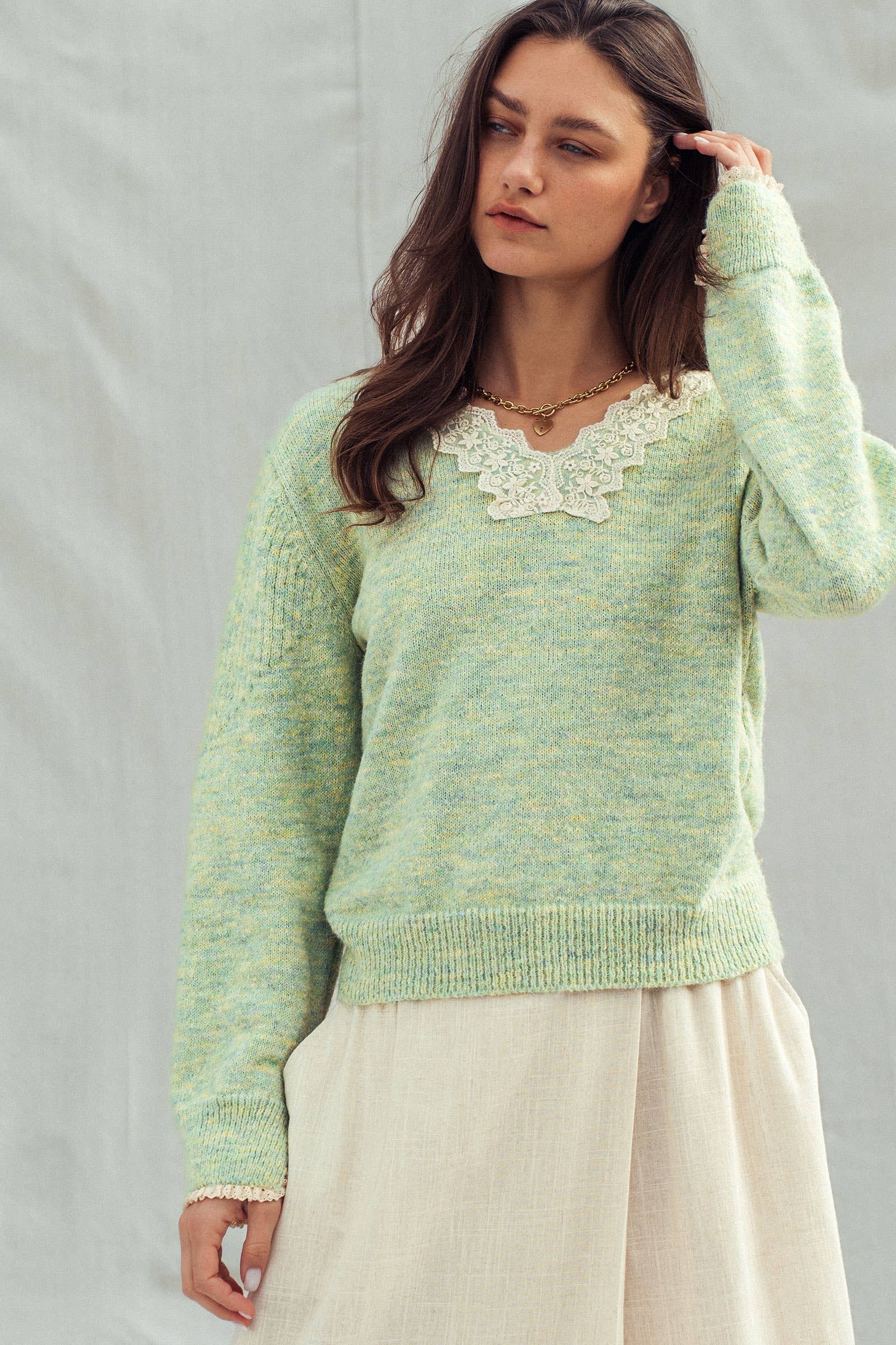 Lace Trim V-Neck Heathered Knit Sweater