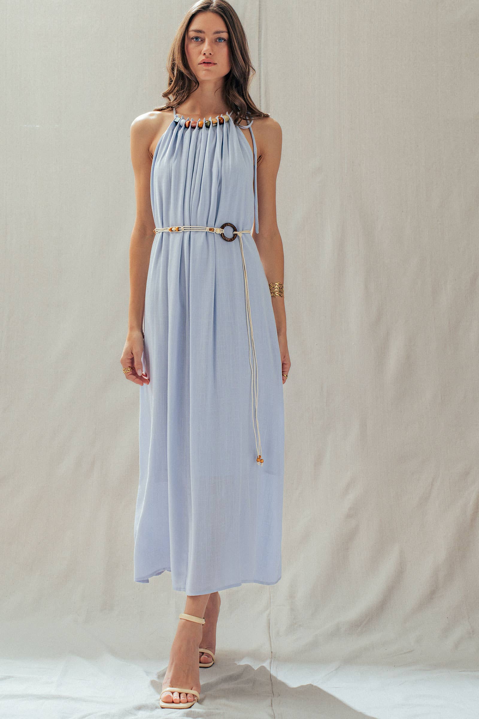 Beaded Halter Neck Linen Blend Maxi Dress