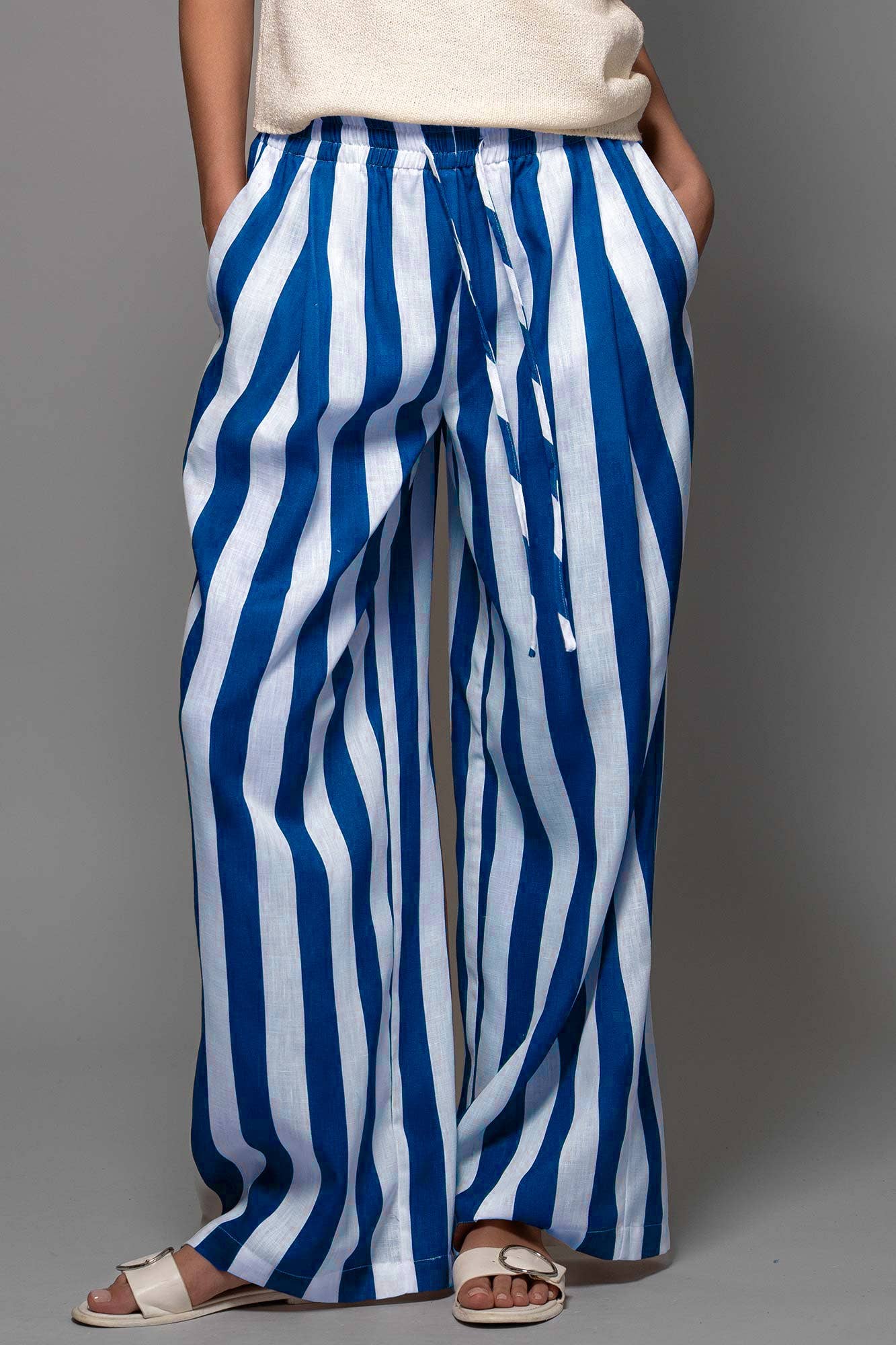 Urban Daizy Breezy Linen-Blend Striped Wide-Leg Pants Blue Pants - Women's (UDZ-PT-00352)