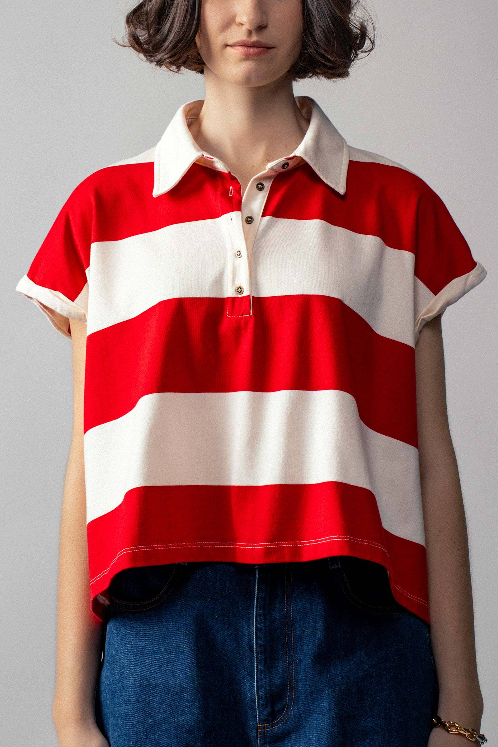 Urban Daizy Bold Striped Dolman Sleeve Polo Shirt Ivory Black Polo - Women's (UDZ-TP-00660) – alternate view 15