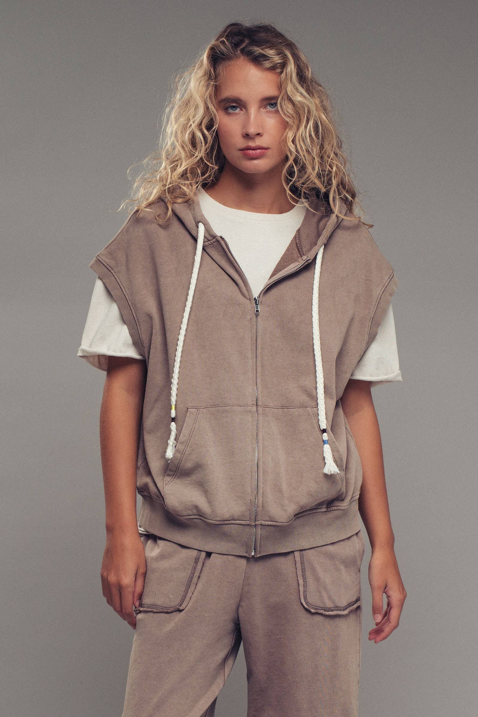 Vintage-Wash Sleeveless Terry Hoodie