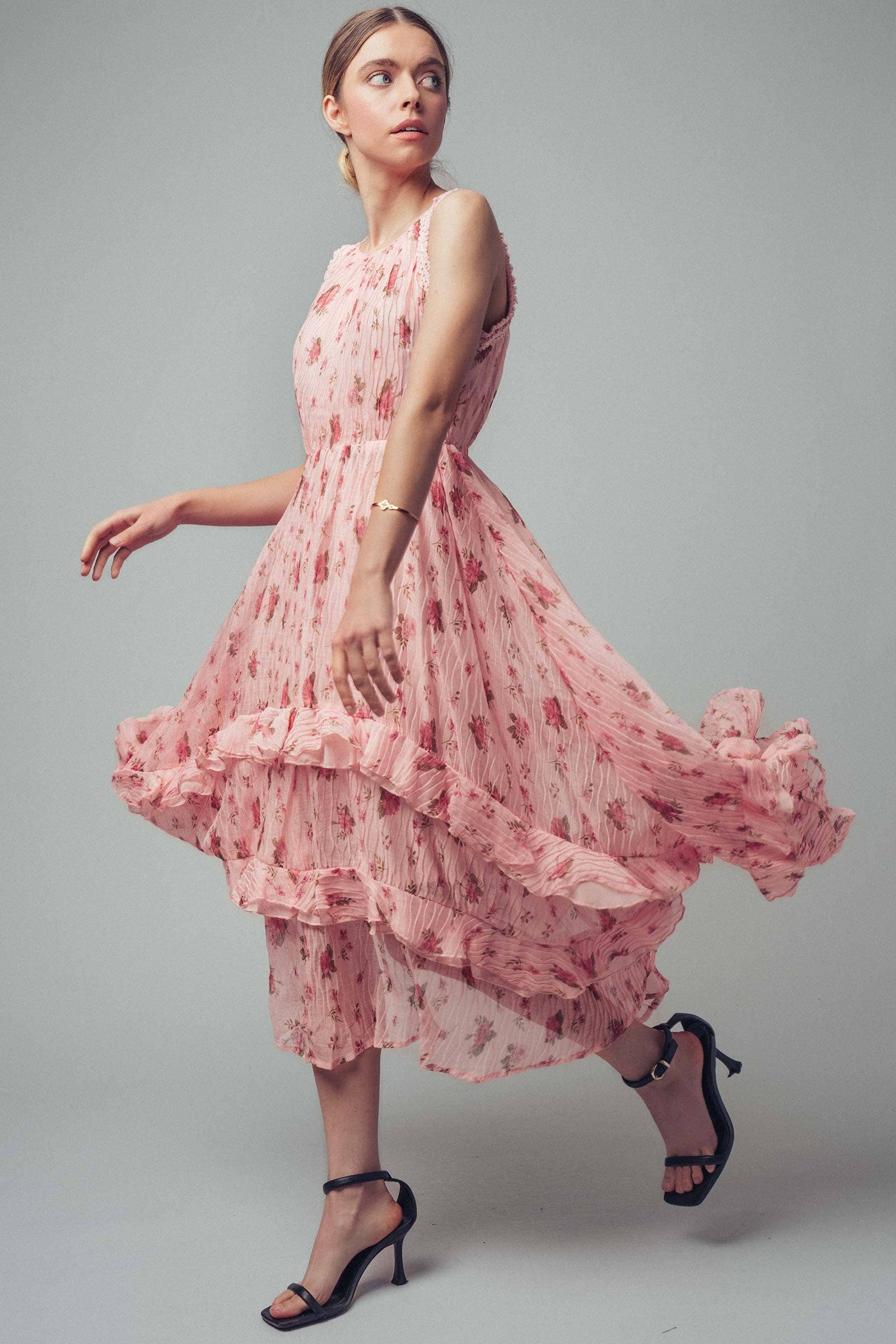 Floral Print Tiered Ruffle Crinkle Chiffon Dress