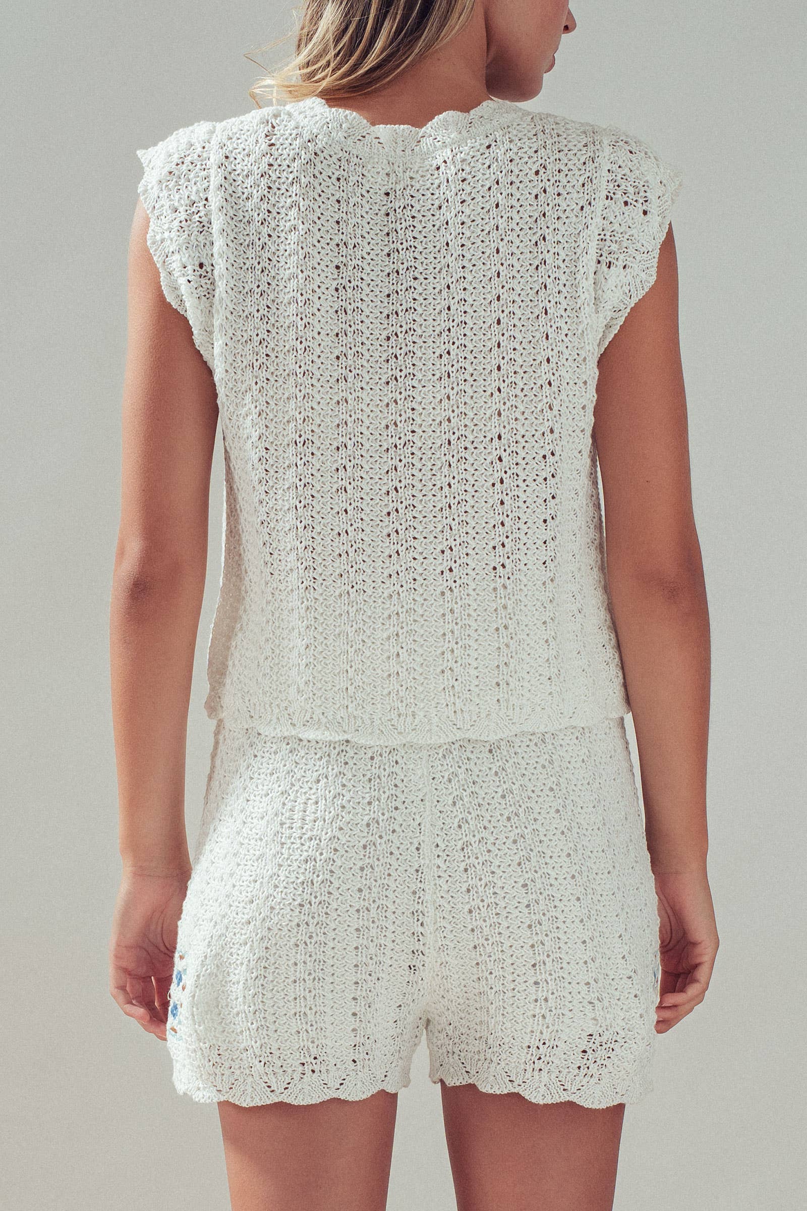 Geometric Embroidered Crochet Knit Top And Shorts Set