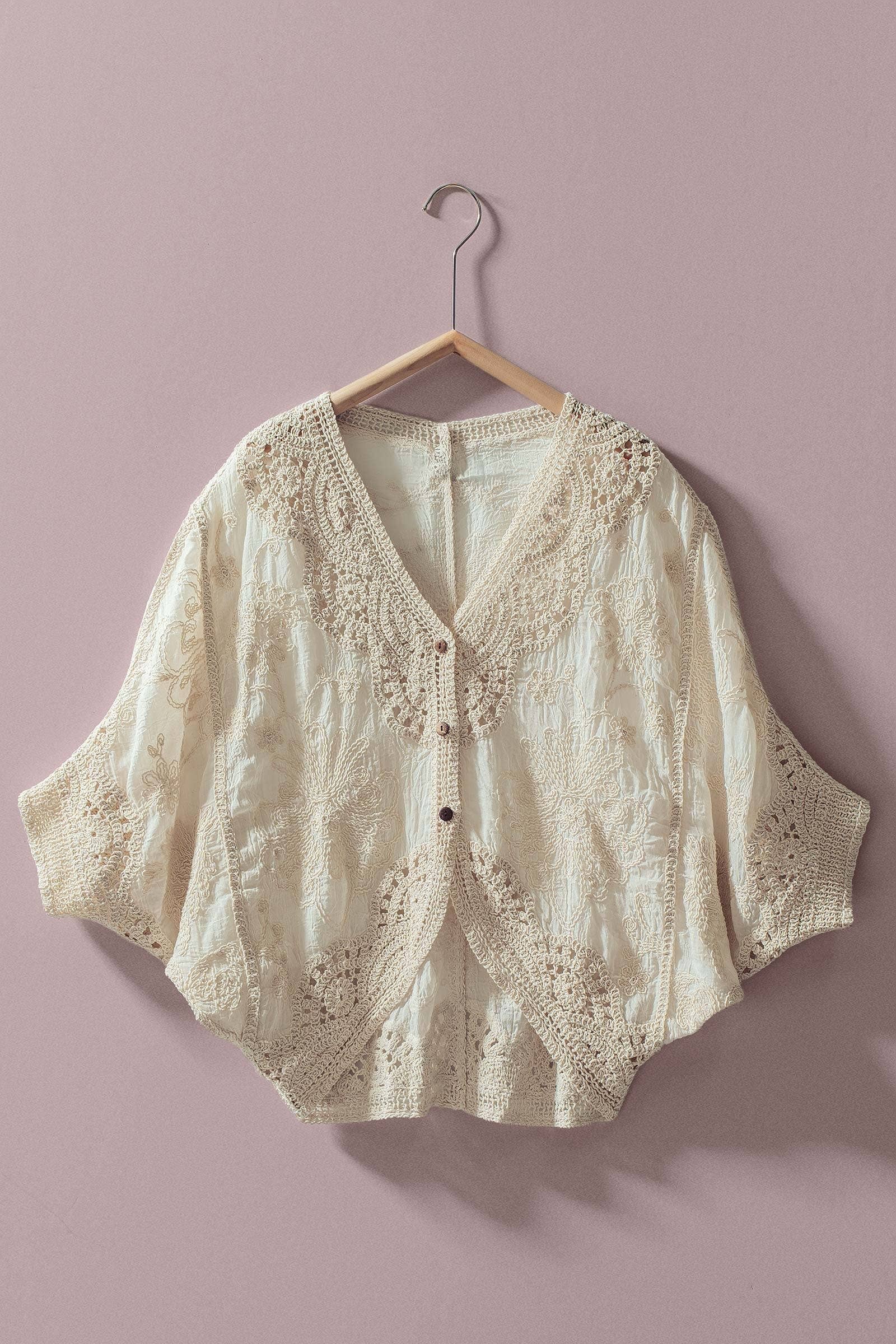 Floral Embroidered Lace Button Front Top
