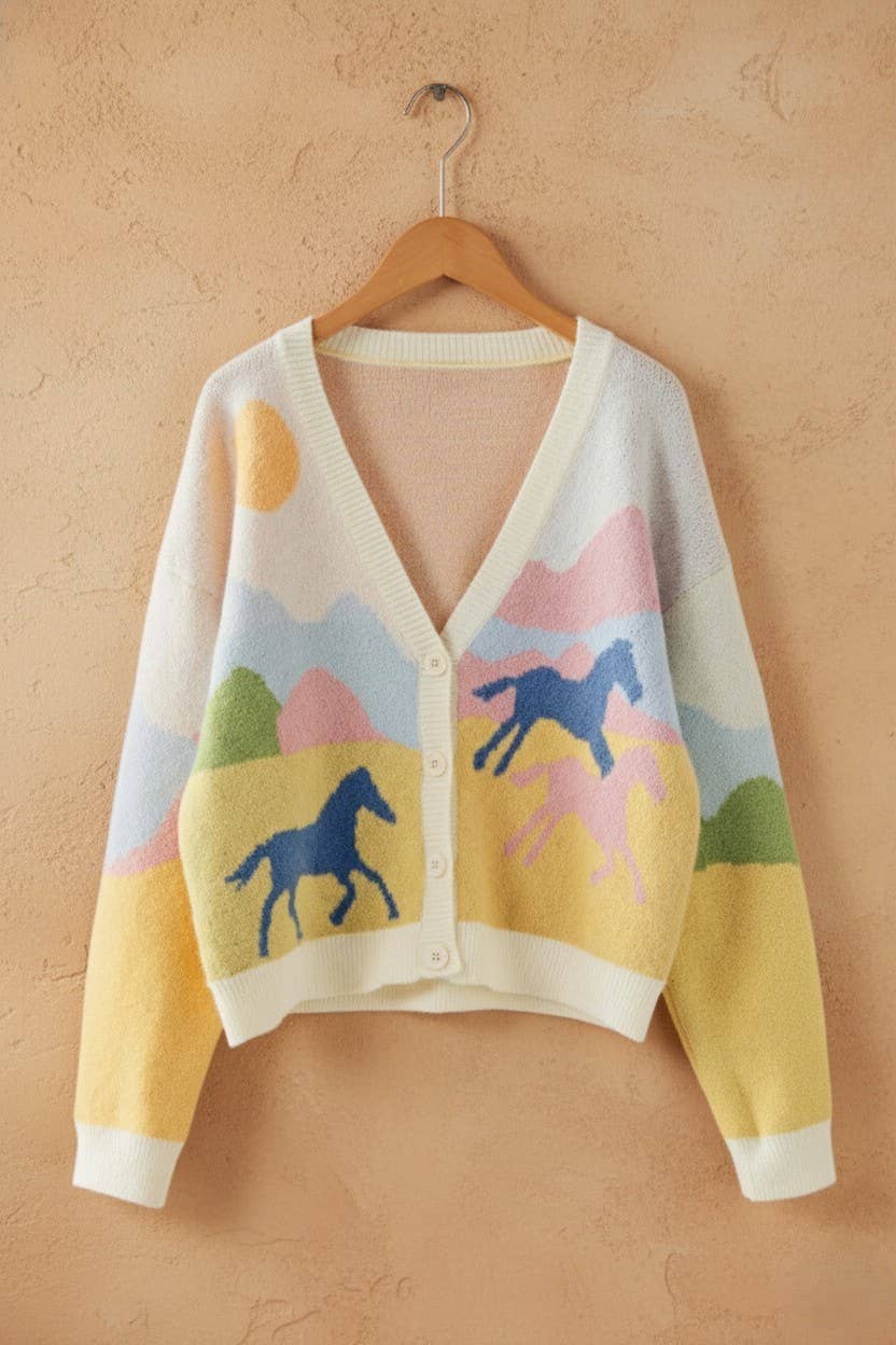 Urban Daizy Landscape Horse Jacquard Knit Cardigan Yellow Cardigan - Women's ï¿½ï¿½ï¿½ alternate 