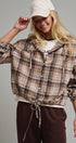 Plaid Flannel Hooded Shirt Jacket with Drawstring Hem in KHAKI - Women's Shirts & Blouses | Urban Daizy