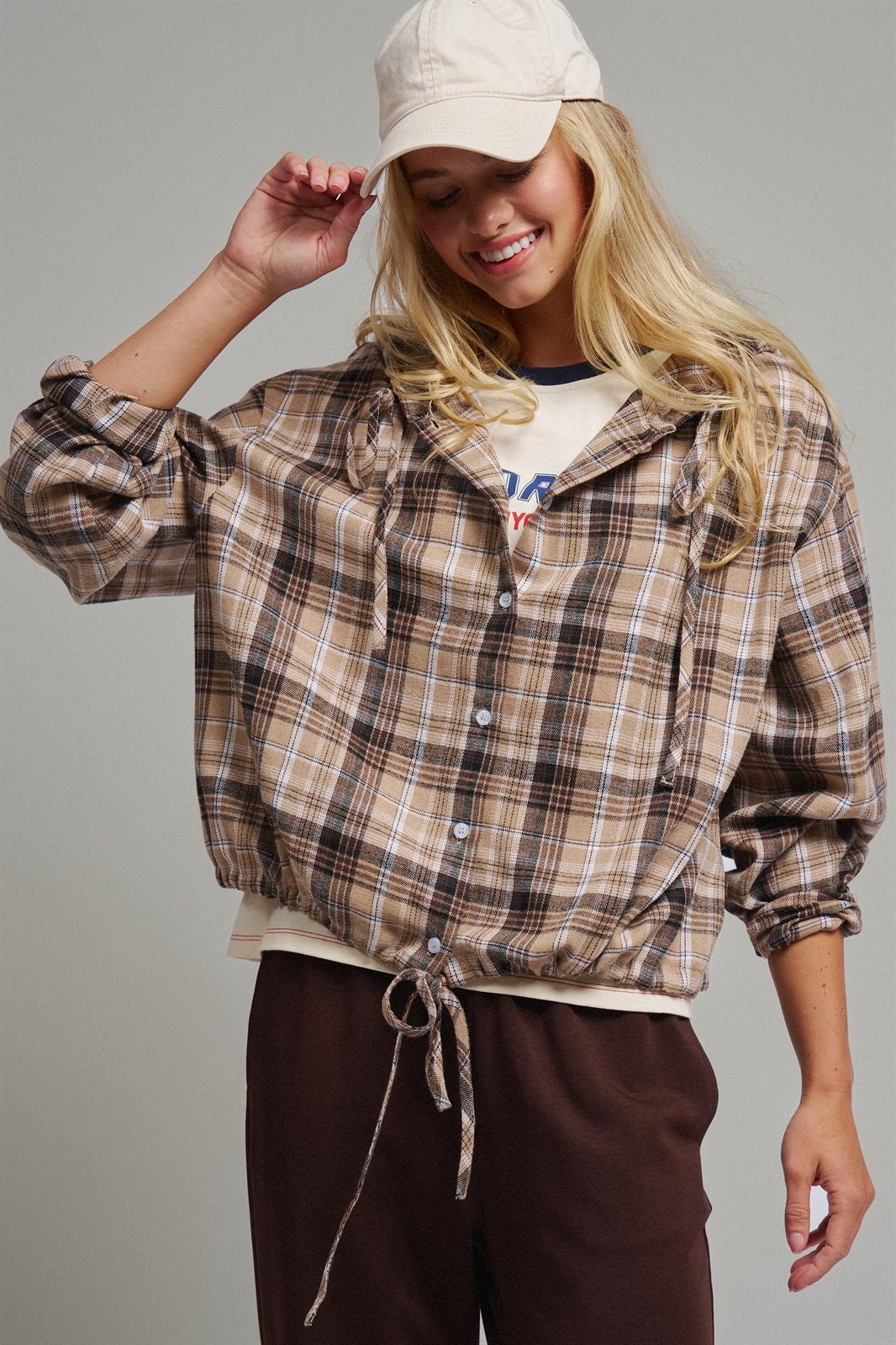 Plaid Flannel Hooded Shirt Jacket with Drawstring Hem in KHAKI - Women's Shirts & Blouses | Urban Daizy