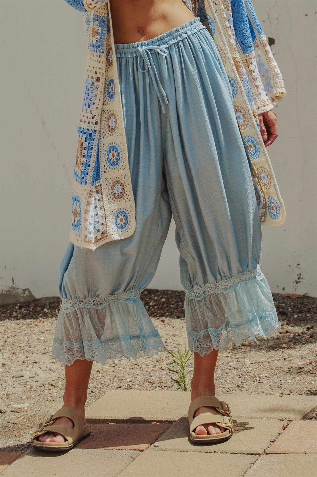 Boho Lace Trim Summer Linen Pants in BLUE - Women's Pants | Urban Daizy