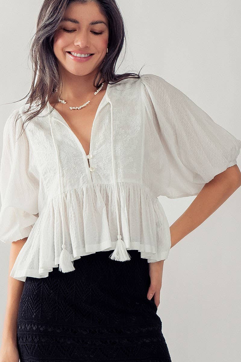 Urban Daizy Boho Embroidered Puff Sleeve Ruffle Blouse White Blouse - Women's (UDZ-TP-00705) – alternate view 22