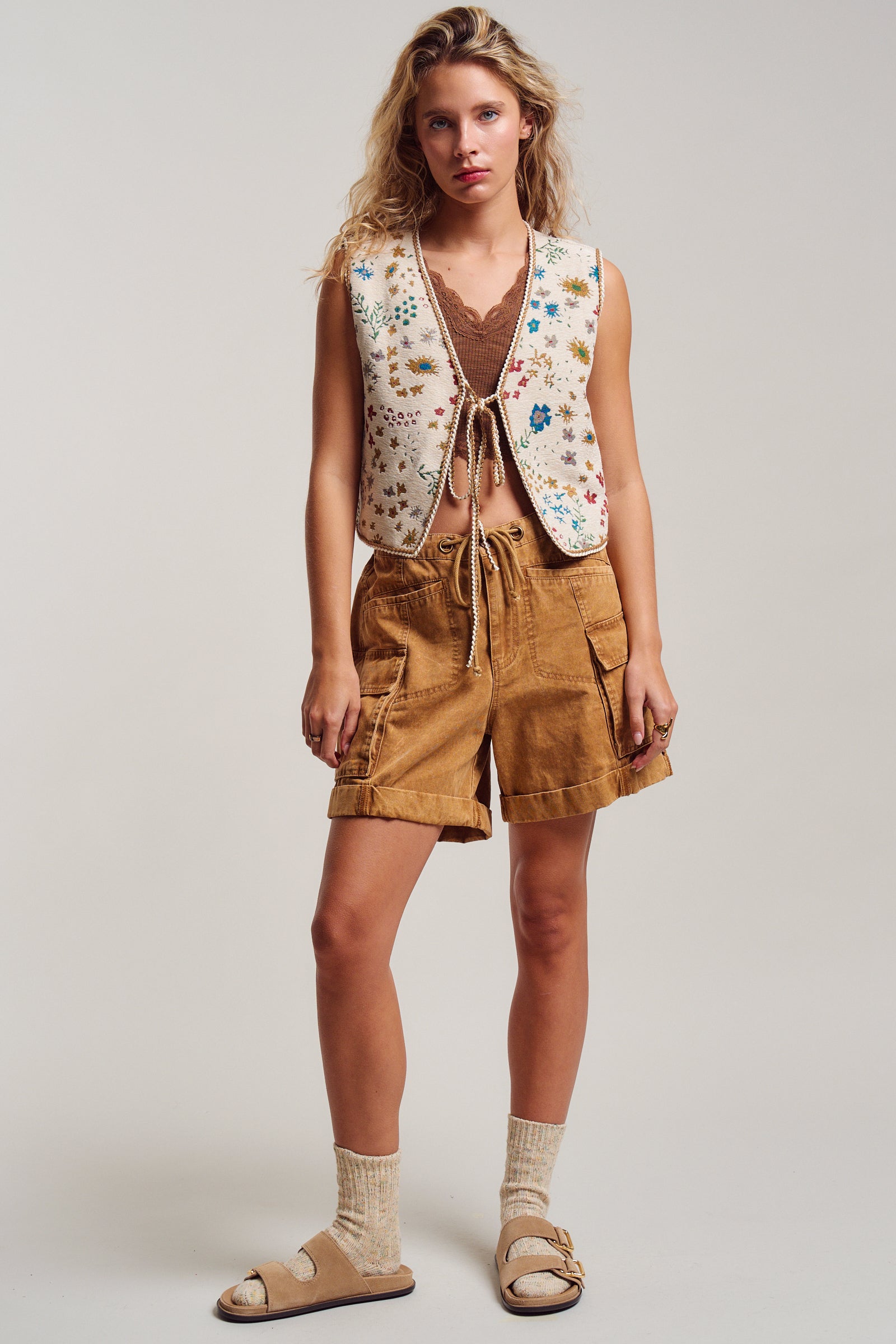 Floral Tapestry Tie-Front Boho Vest