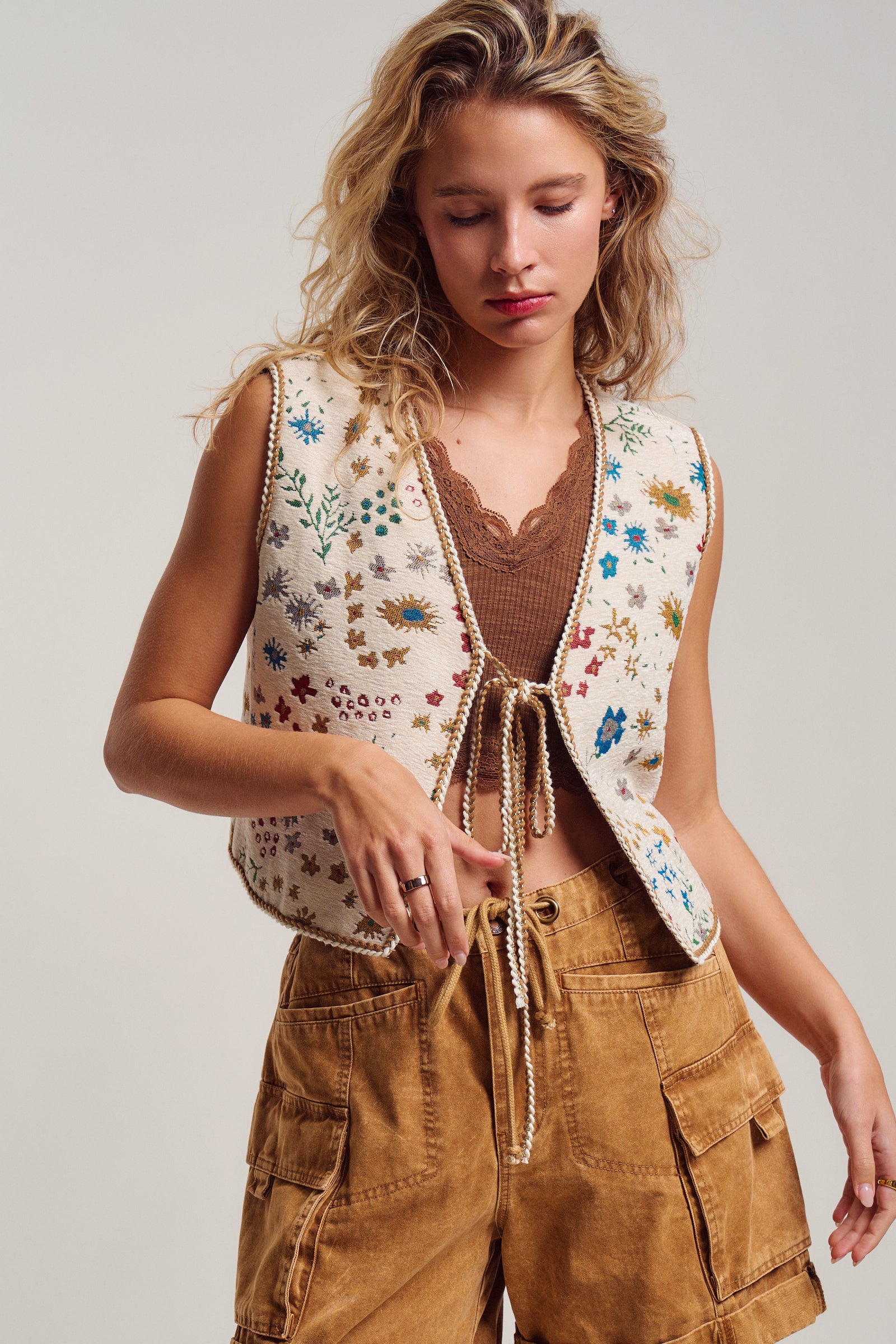 Floral Tapestry Tie-Front Boho Vest