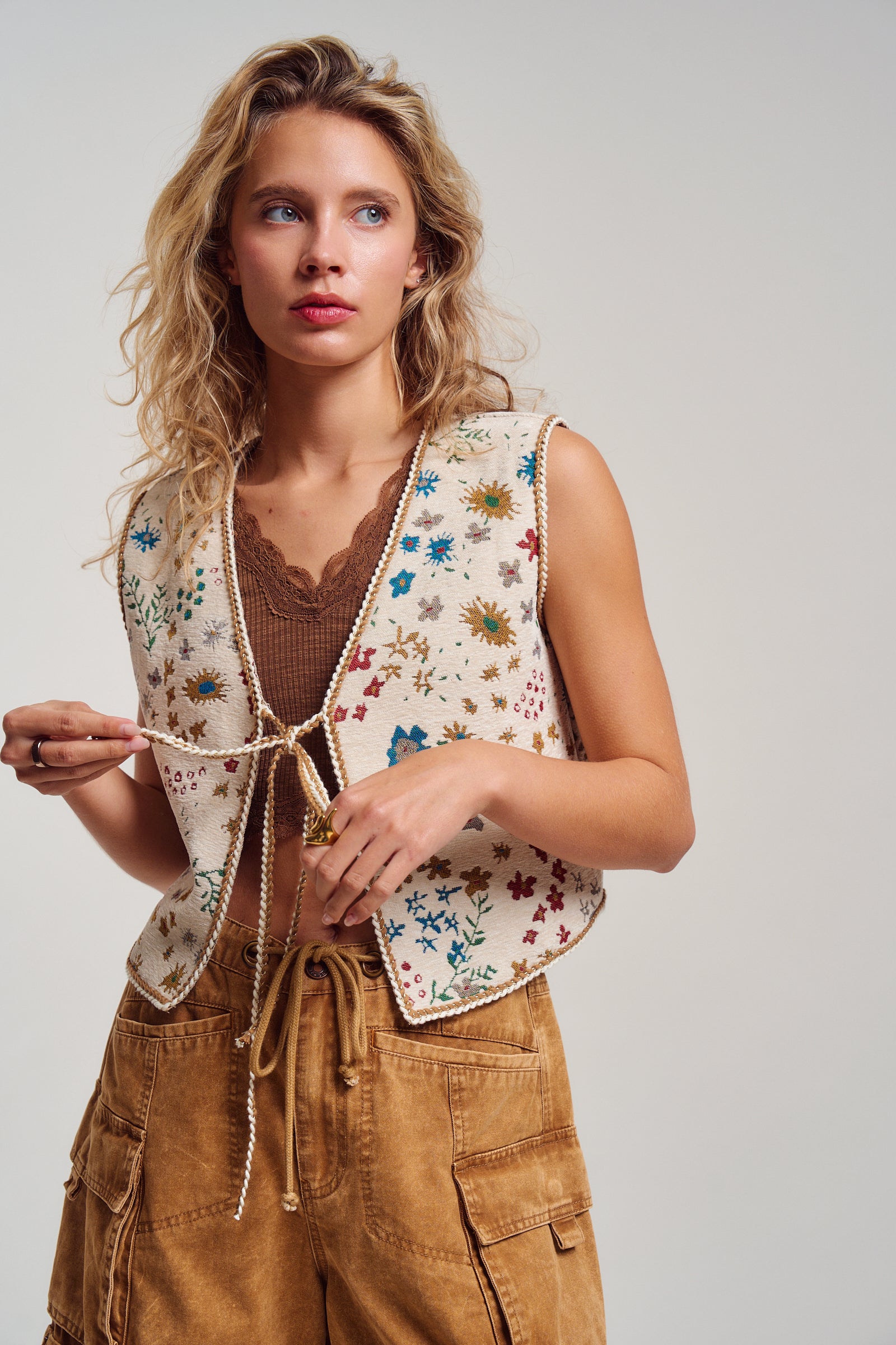 Floral Tapestry Tie-Front Boho Vest