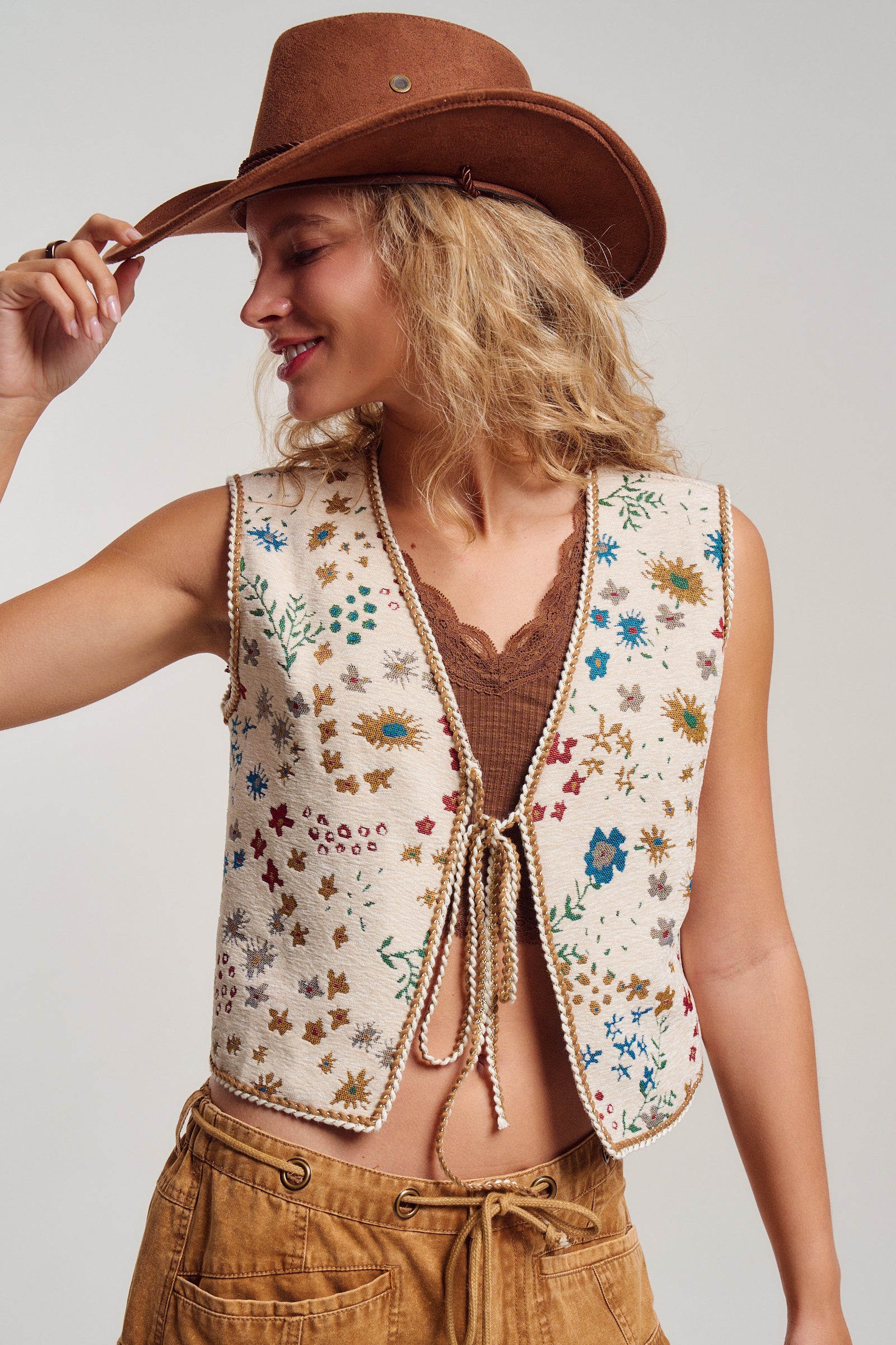 Floral Tapestry Tie-Front Boho Vest