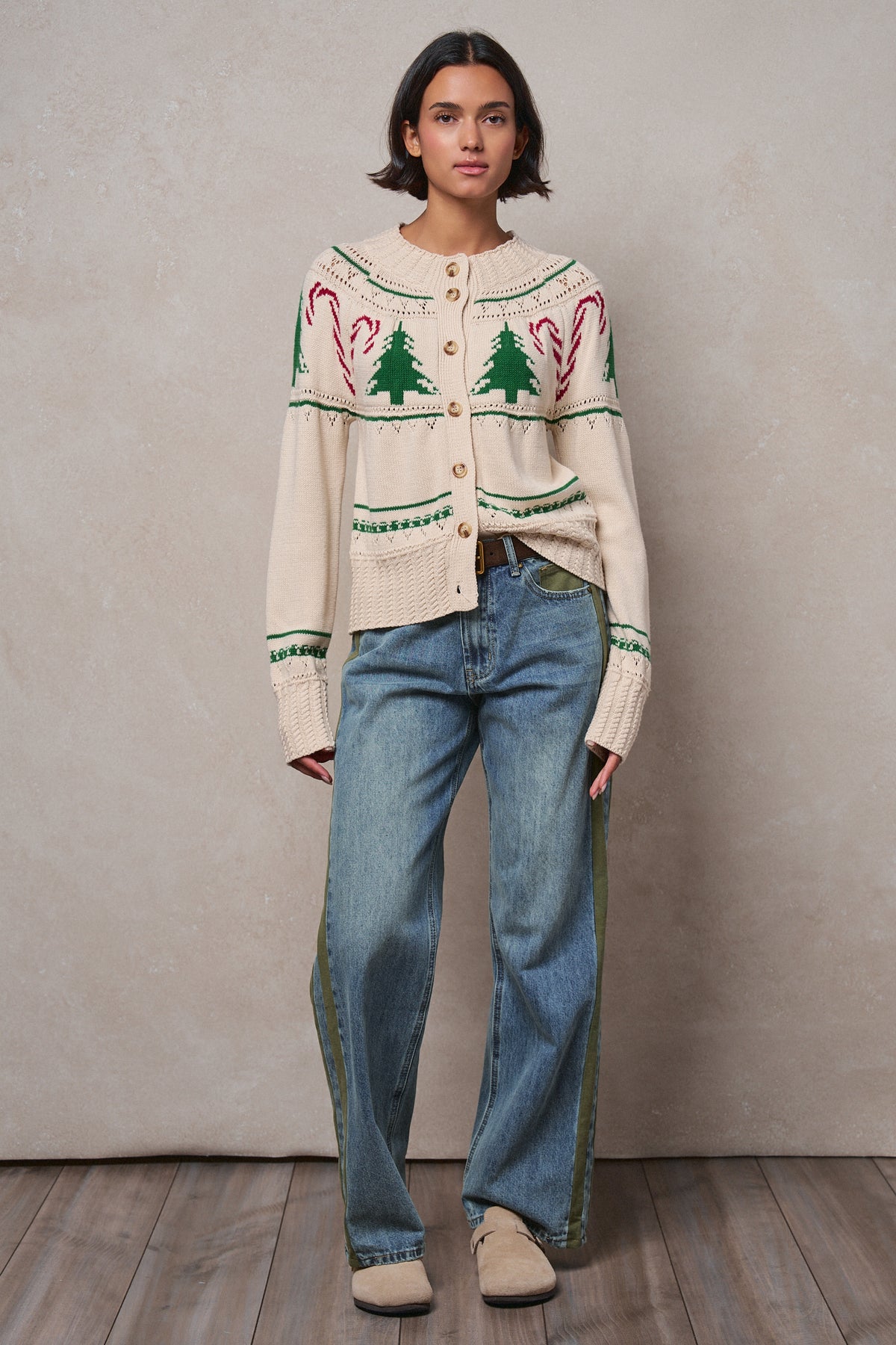 Graphic Knit Eyelit Tier Button-Front Cardigan