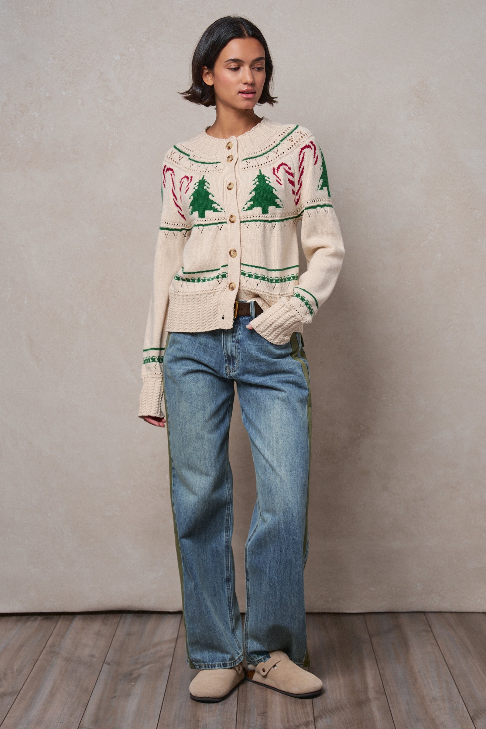 Graphic Knit Eyelit Tier Button-Front Cardigan
