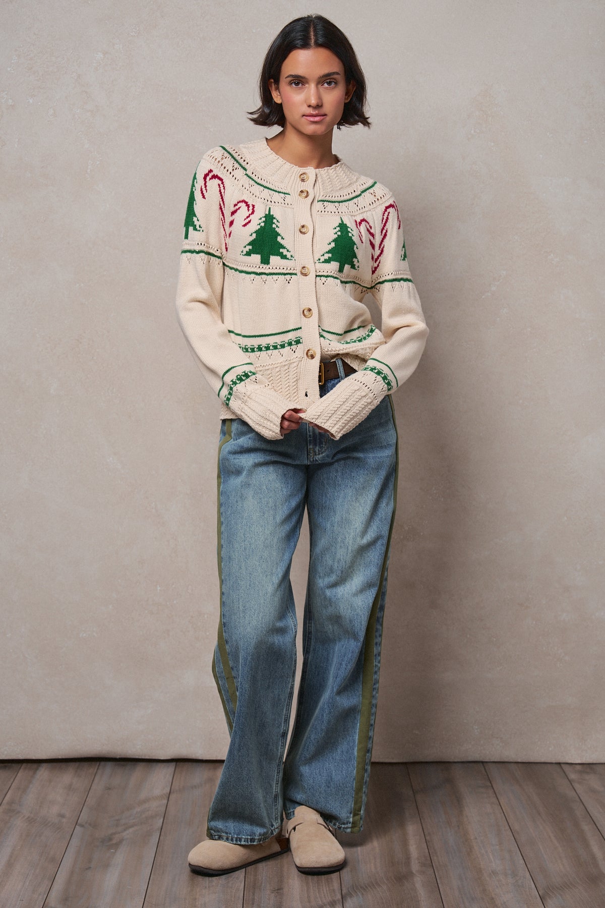 Graphic Knit Eyelit Tier Button-Front Cardigan