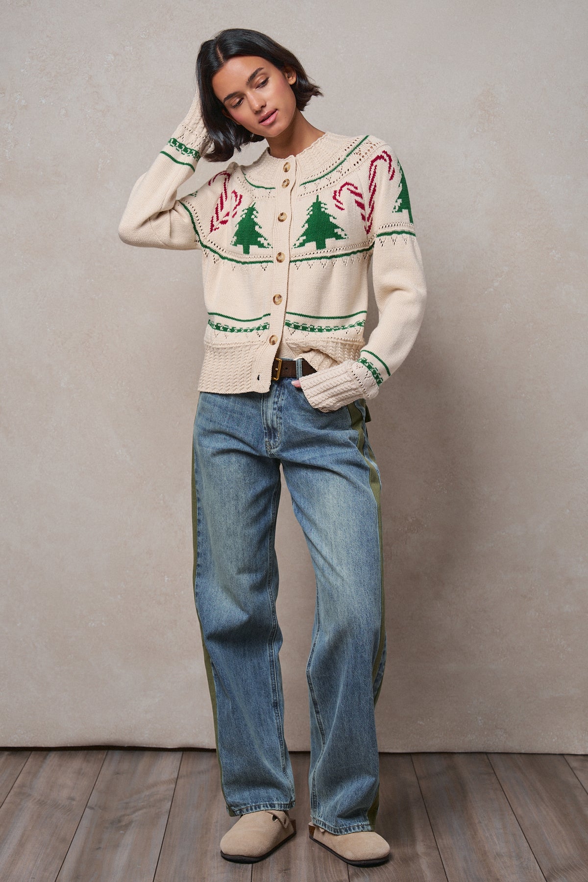 Graphic Knit Eyelit Tier Button-Front Cardigan
