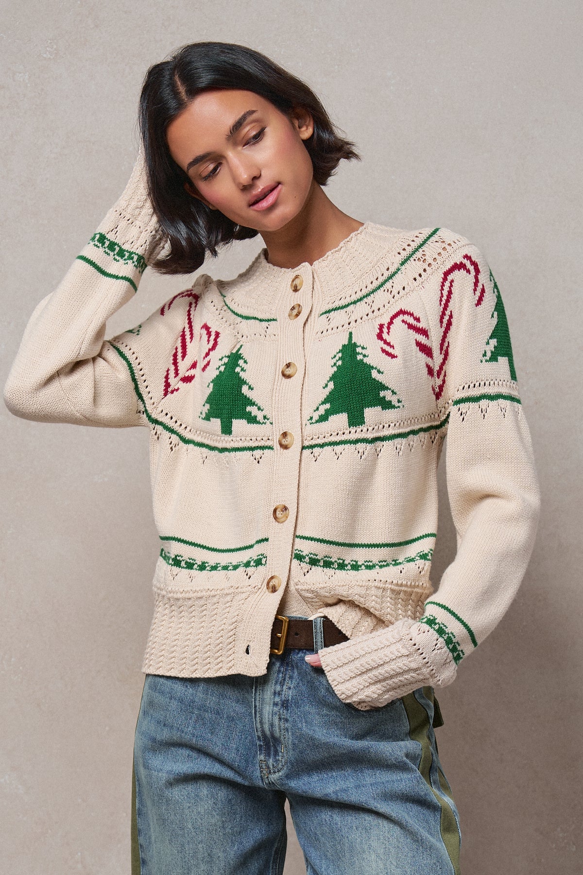 Graphic Knit Eyelit Tier Button-Front Cardigan