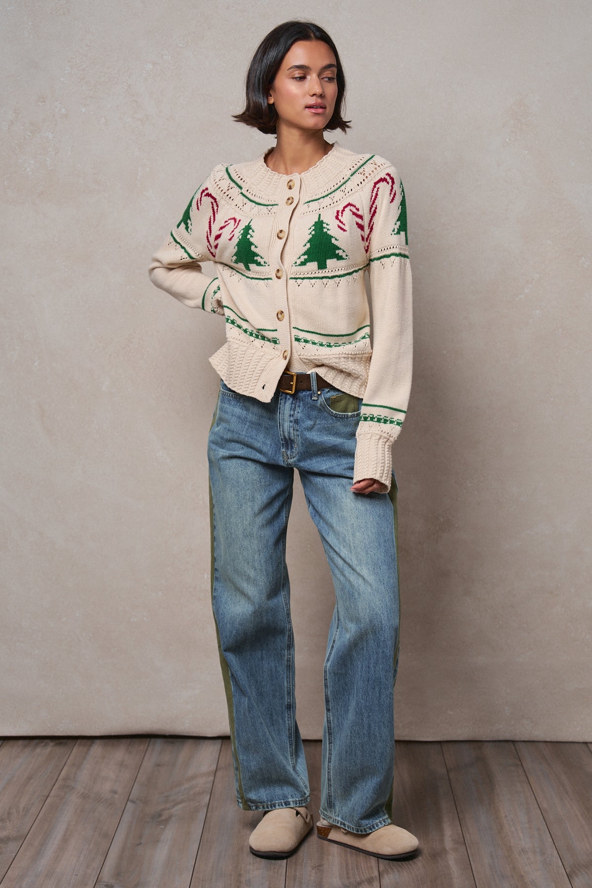 Graphic Knit Eyelit Tier Button-Front Cardigan