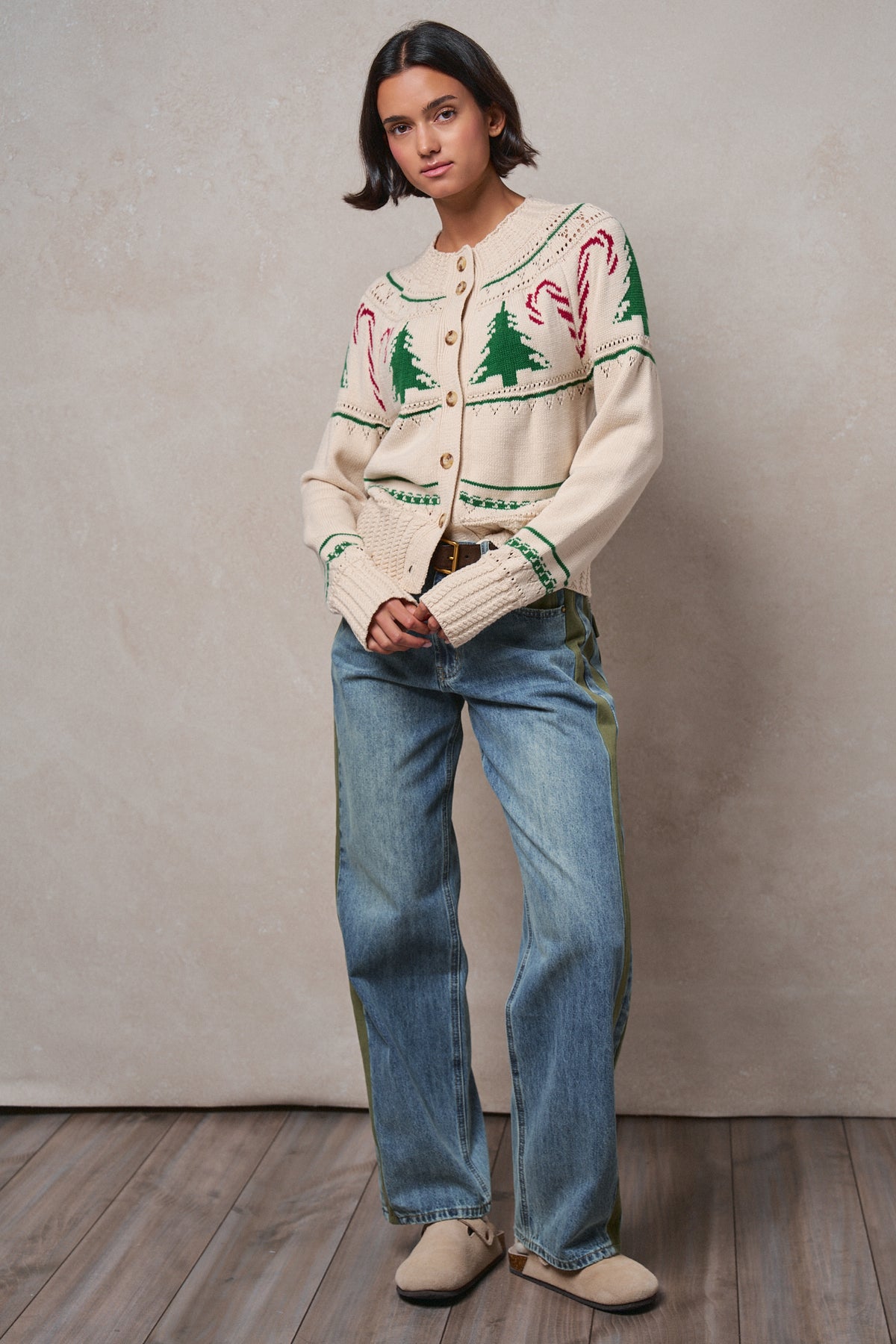 Graphic Knit Eyelit Tier Button-Front Cardigan
