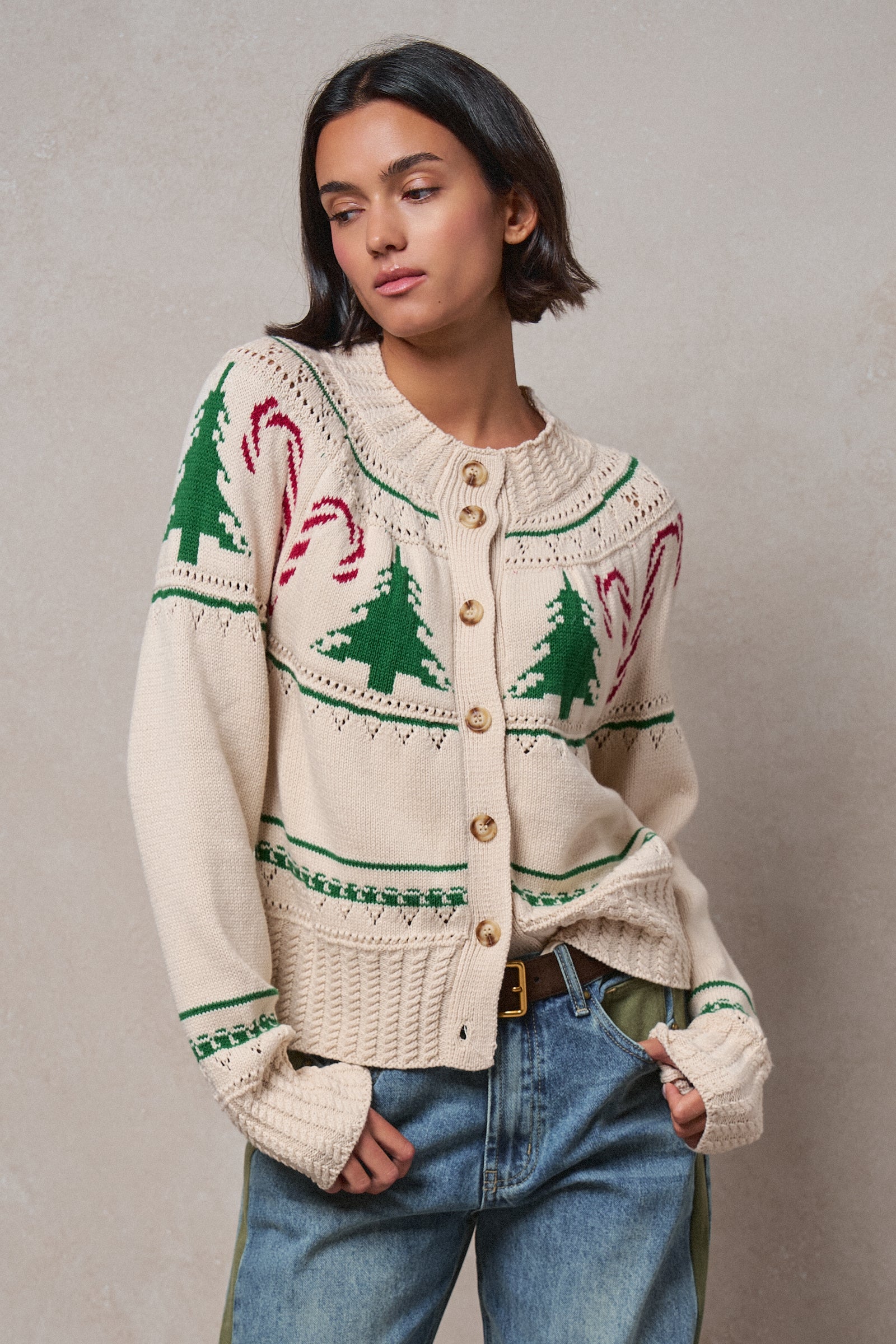 Graphic Knit Eyelit Tier Button-Front Cardigan