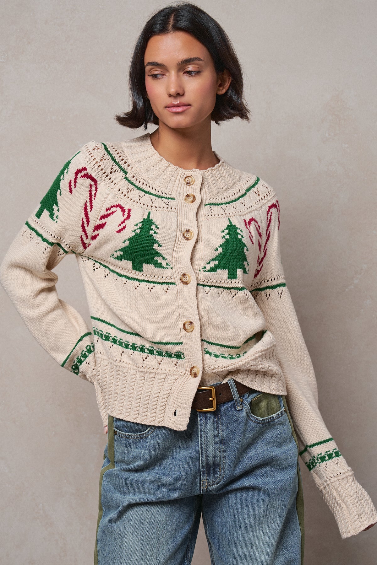 Graphic Knit Eyelit Tier Button-Front Cardigan