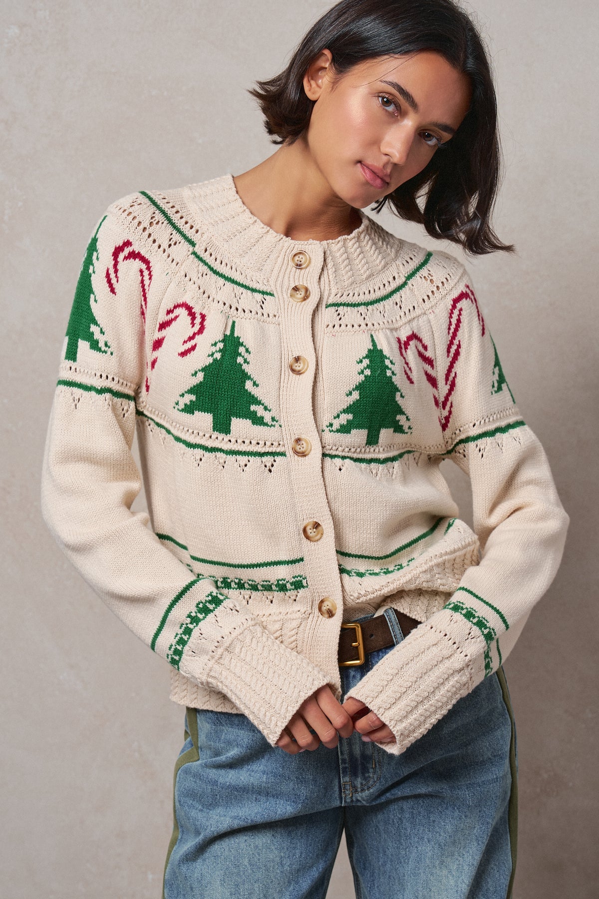 Graphic Knit Eyelit Tier Button-Front Cardigan