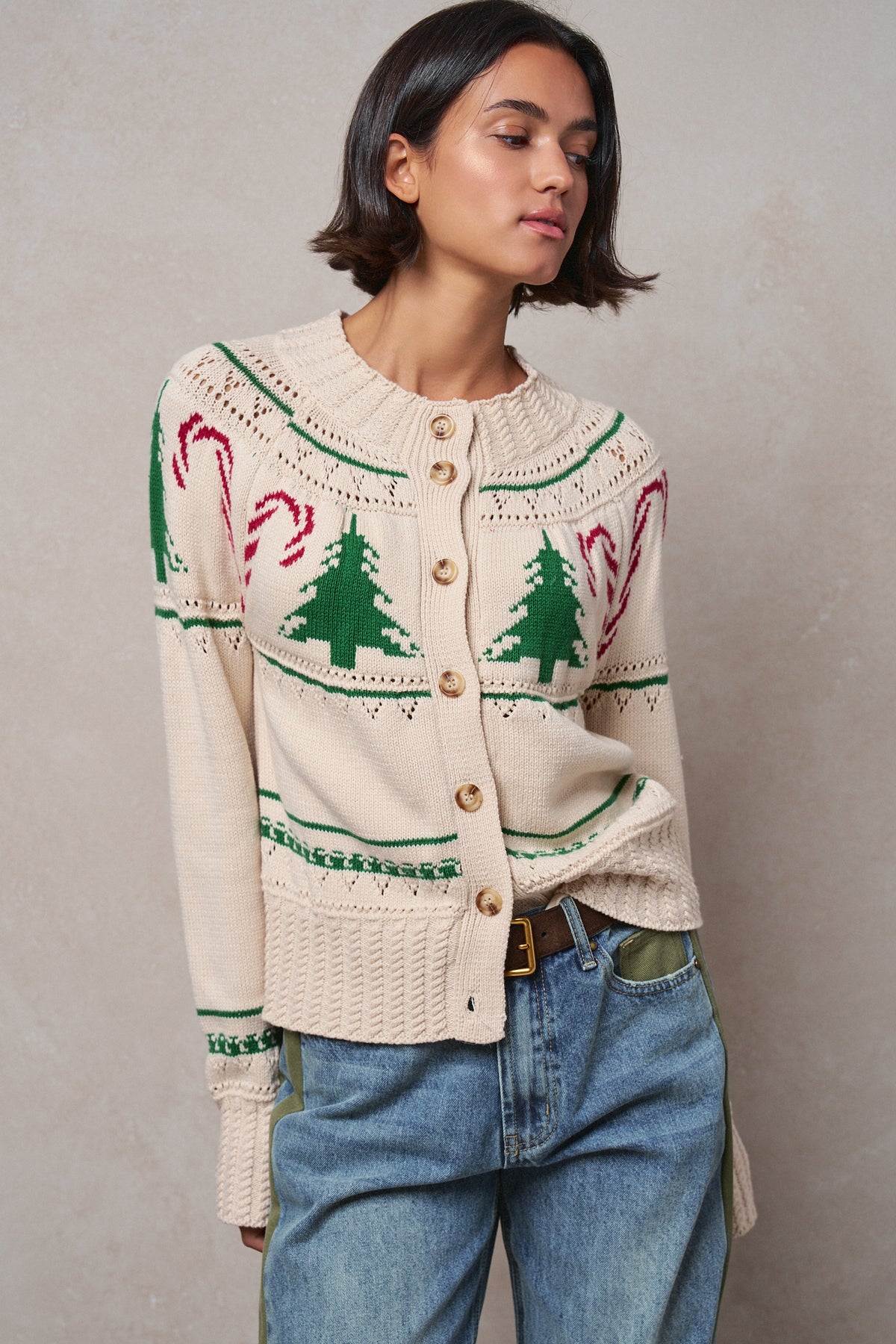 Graphic Knit Eyelit Tier Button-Front Cardigan